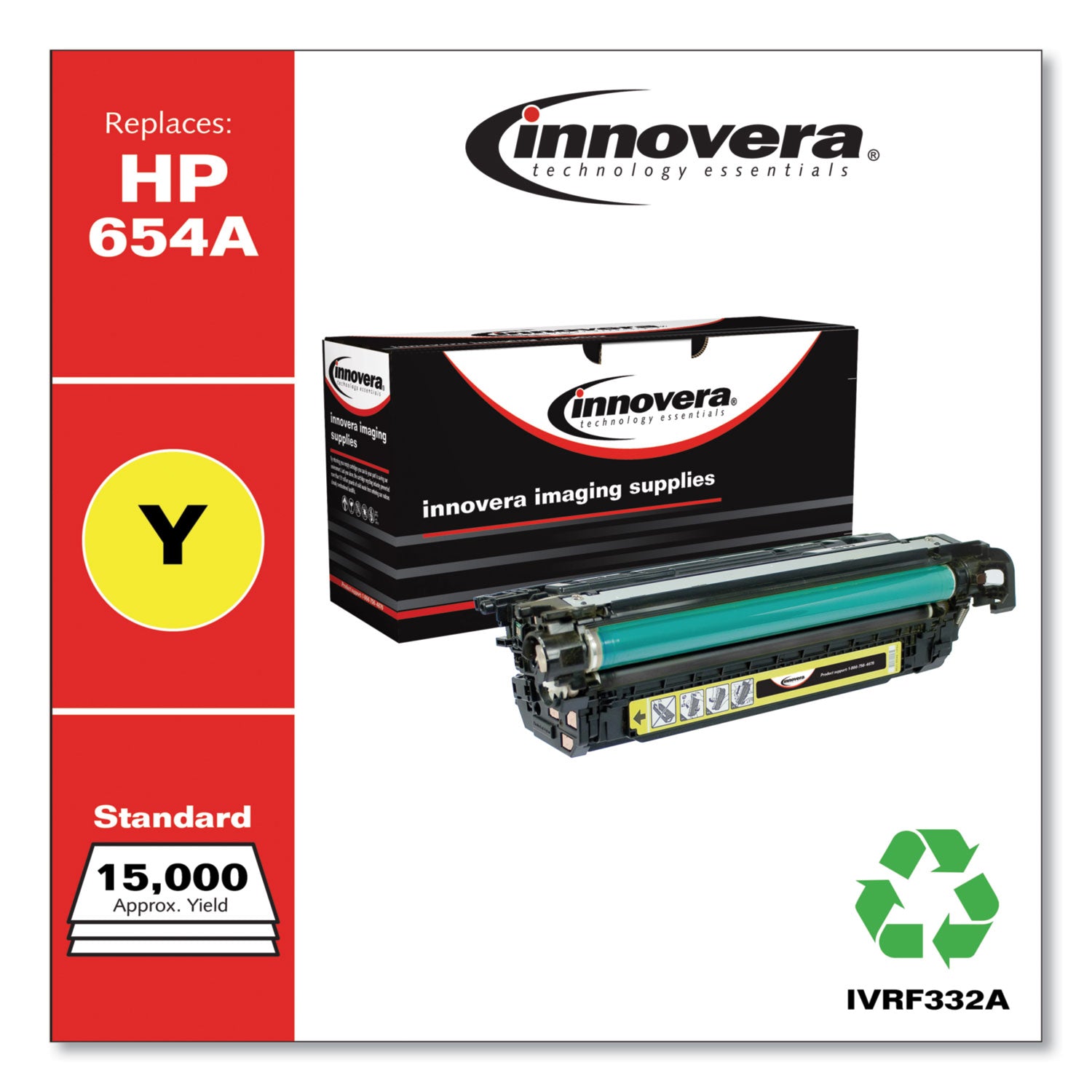 Remanufactured Yellow Toner, Replacement for 654A (CF332A), 15,000 Page-Yield