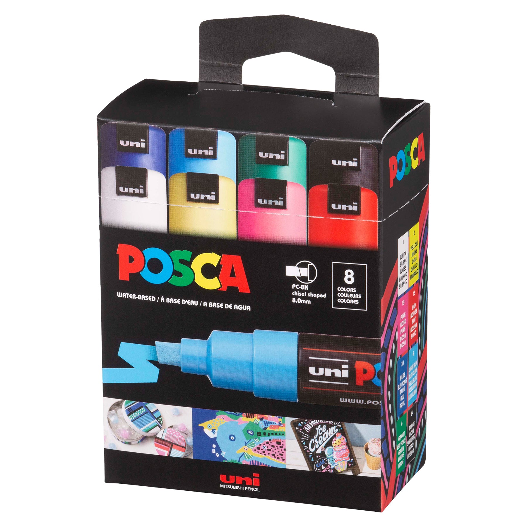 uni® POSCA PC-8K Water-Based Paint Markers, Broad Tip (8mm), Assorted Colors, 8 Pack