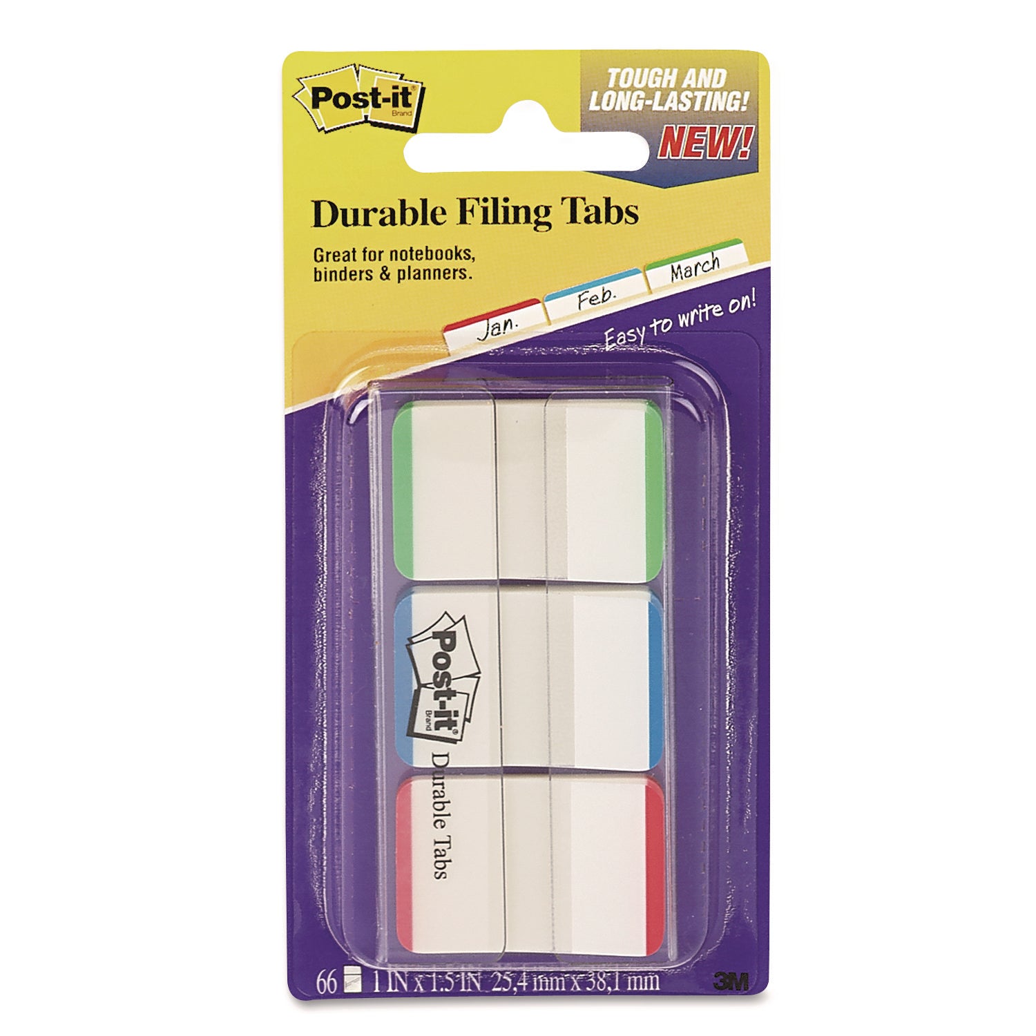 Post-it&reg; Durable Tabs - 1.50" Tab Height x 1" Tab Width - Green, Red, Blue Tab(s) - Repositionable - 1 Pack