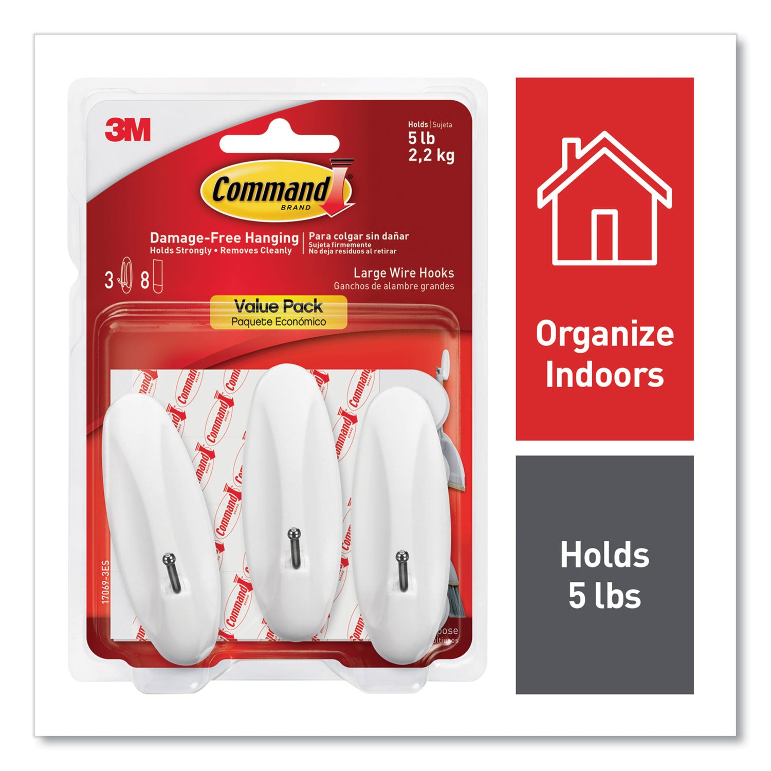 General Purpose Wire Hooks, Large, Metal, White, 5 lb Capacity, 3 Hooks and 8 Strips/Pack