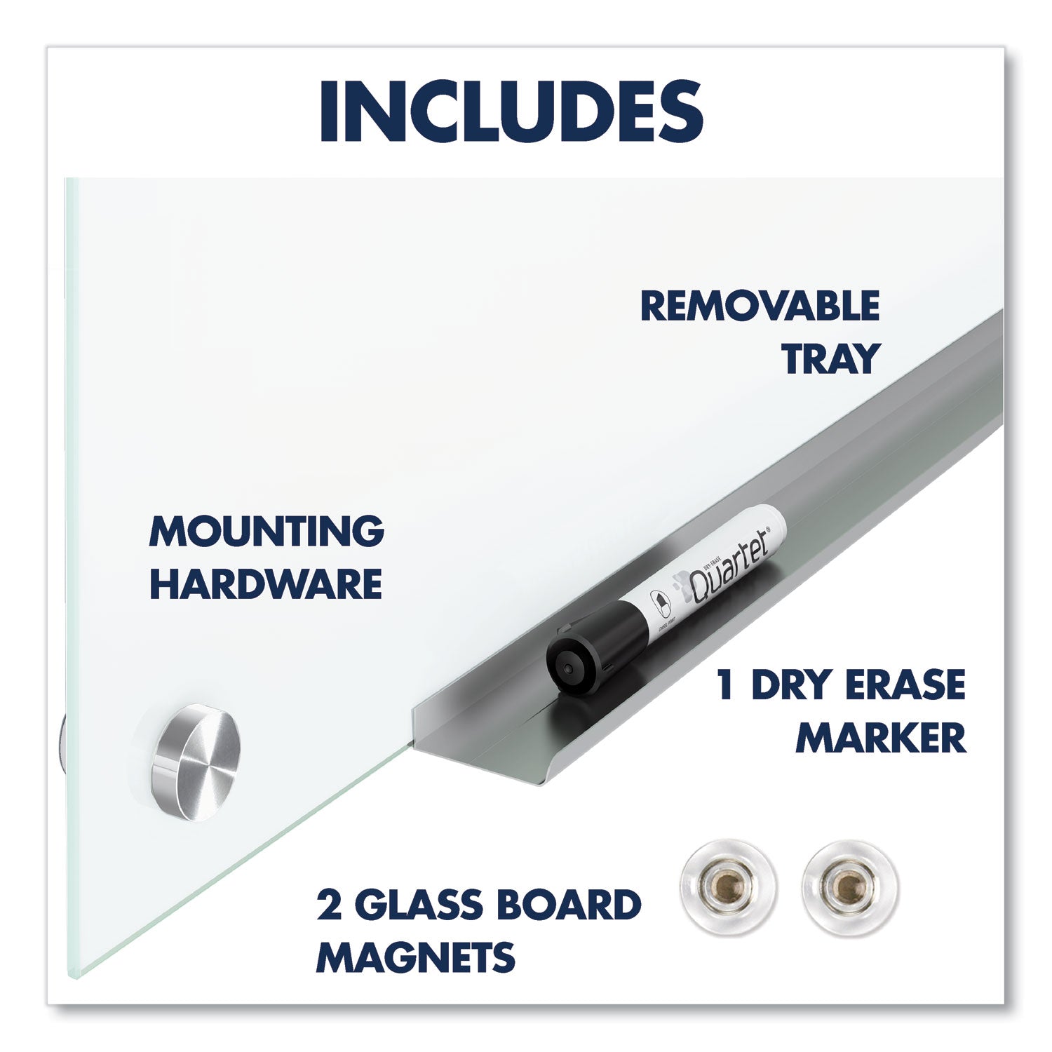 48" (4 ft) Width x 48" (4 ft) Height - White Tempered Glass Surface - Square - Horizontal/Vertical - Magnetic - Frameless, Accessory Tray, Stain Resistant, Ghost Resistant, Durable, Scratch Resistant, Dent Resistant, Non-absorbent - 1 Each