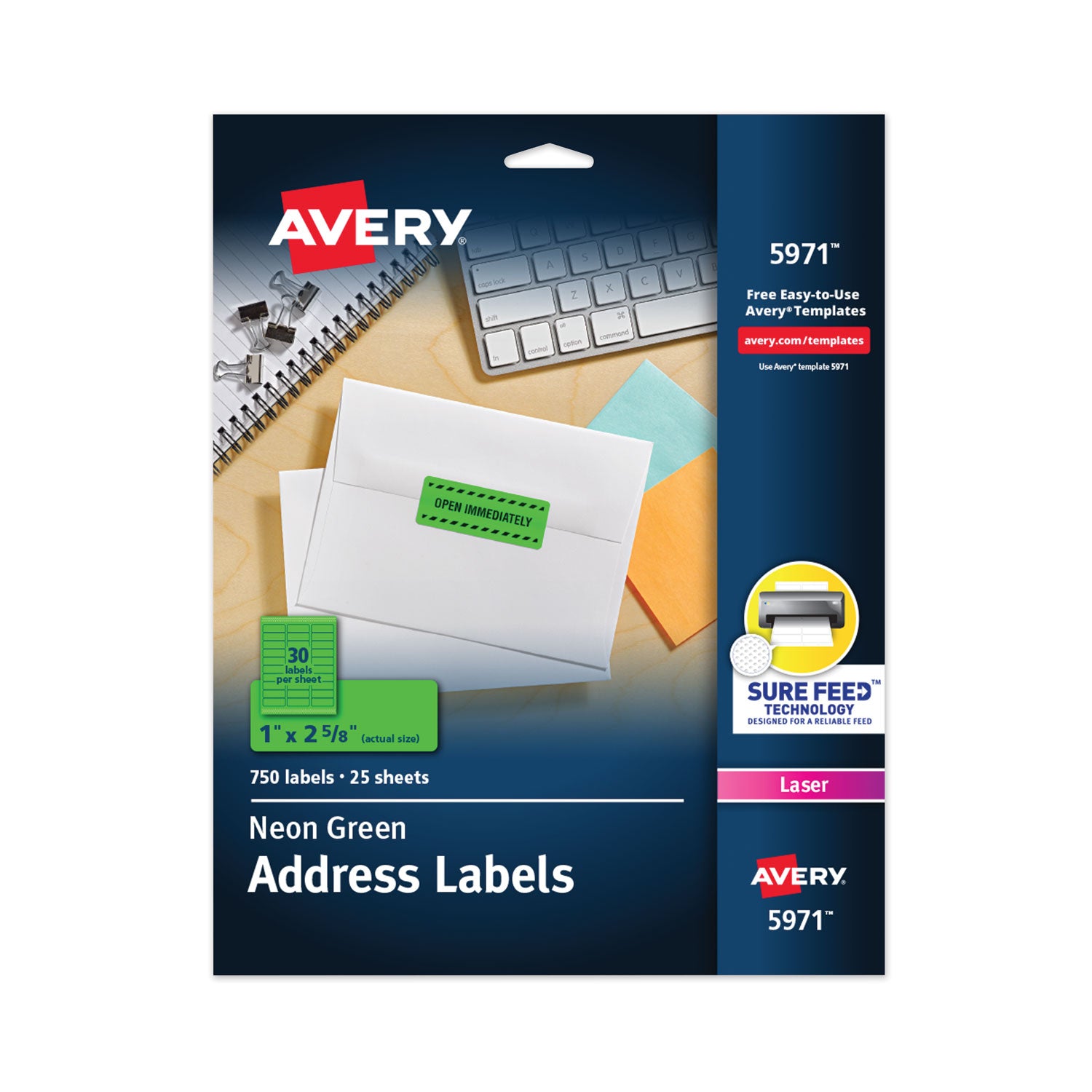 High-Visibility Labels, Permanent Adhesive, Neon Green, 1" x 2-5/8", 750 Labels