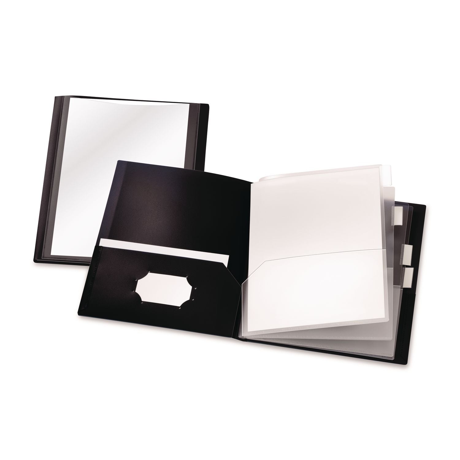 8 1/2" x 11" - 200 Sheets Capacity - 10 Inside Front & Back Pocket(s) - 4 Divider(s) - Polypropylene - Black - Die-cut, Acid-free, Non-stick, Card Holder - 1 Each