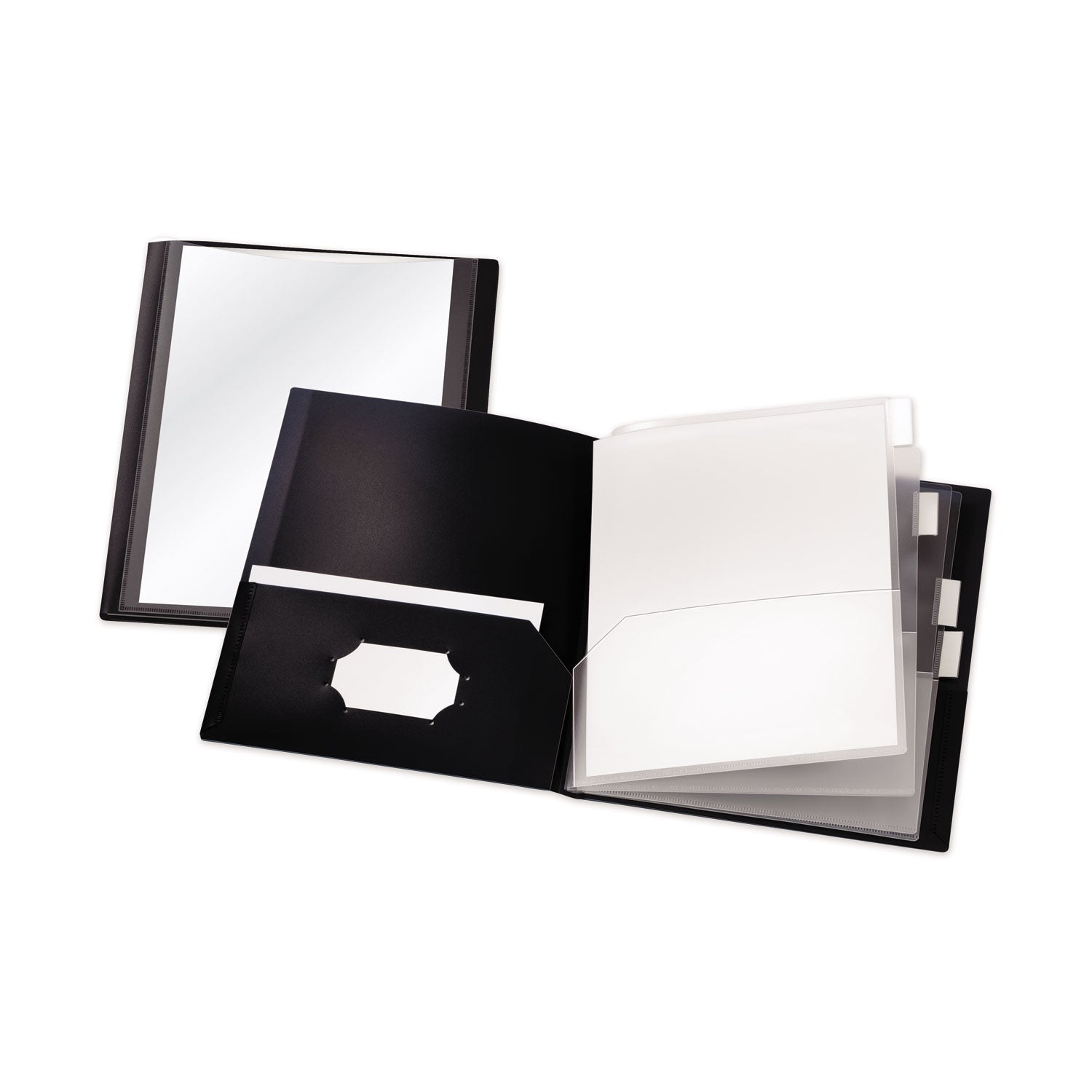 8 1/2" x 11" - 200 Sheets Capacity - 10 Inside Front & Back Pocket(s) - 4 Divider(s) - Polypropylene - Black - Die-cut, Acid-free, Non-stick, Card Holder - 1 Each