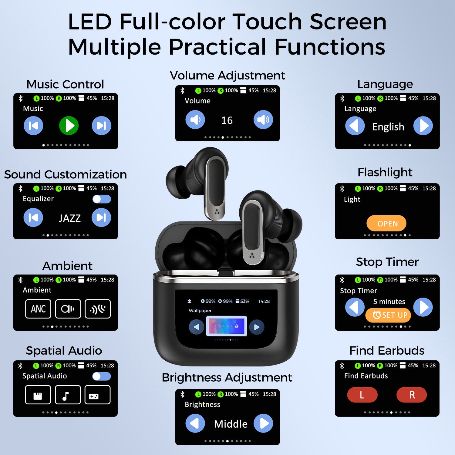 Wireless Earbuds with LCD Full-Color Touch Screen