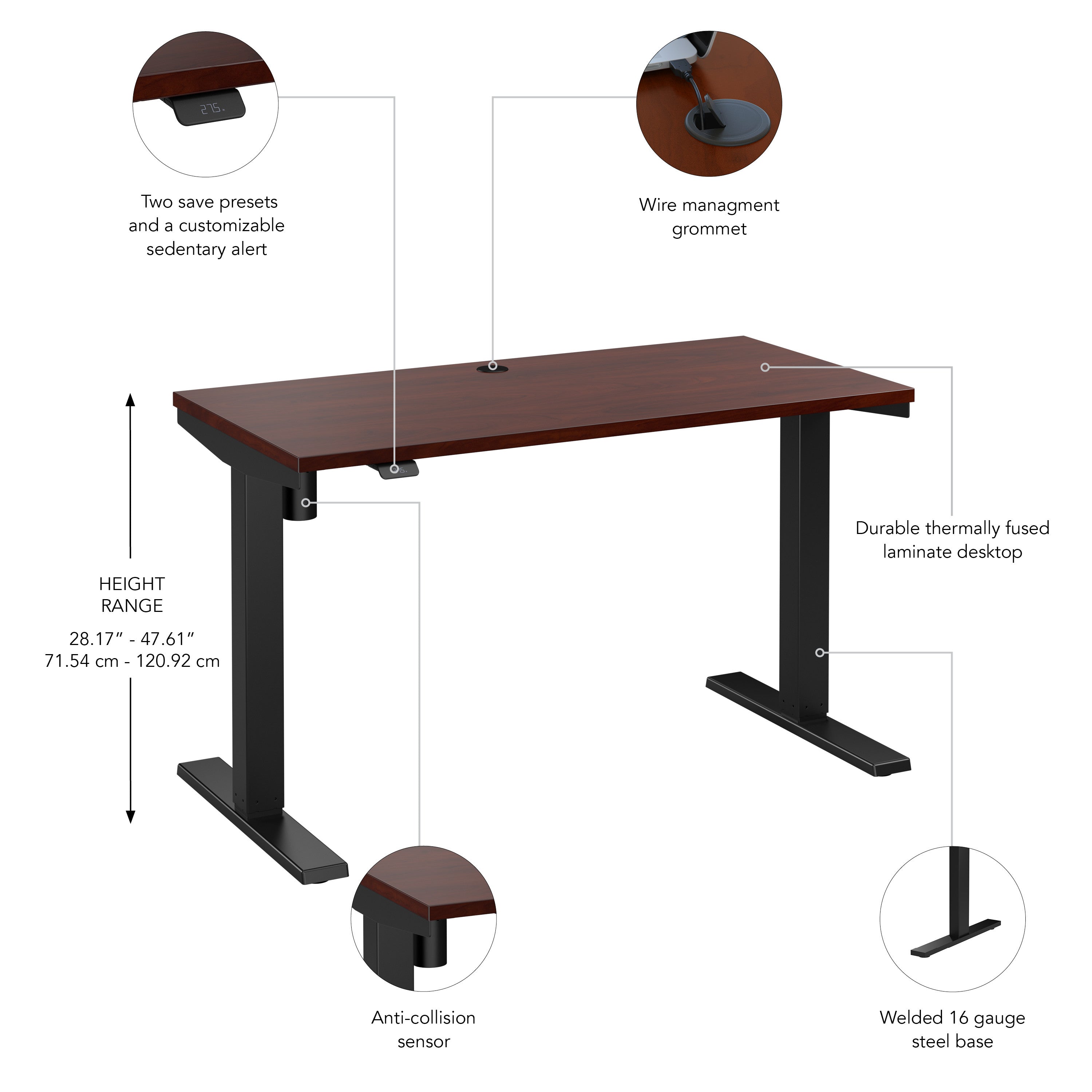 Bush Business Furniture Move 40 Series 48W x 24D Electric Height Adjustable Standing Desk in Hansen Cherry with Black Base - 47.6" Width x 23.35" Depth x 28.17" Height