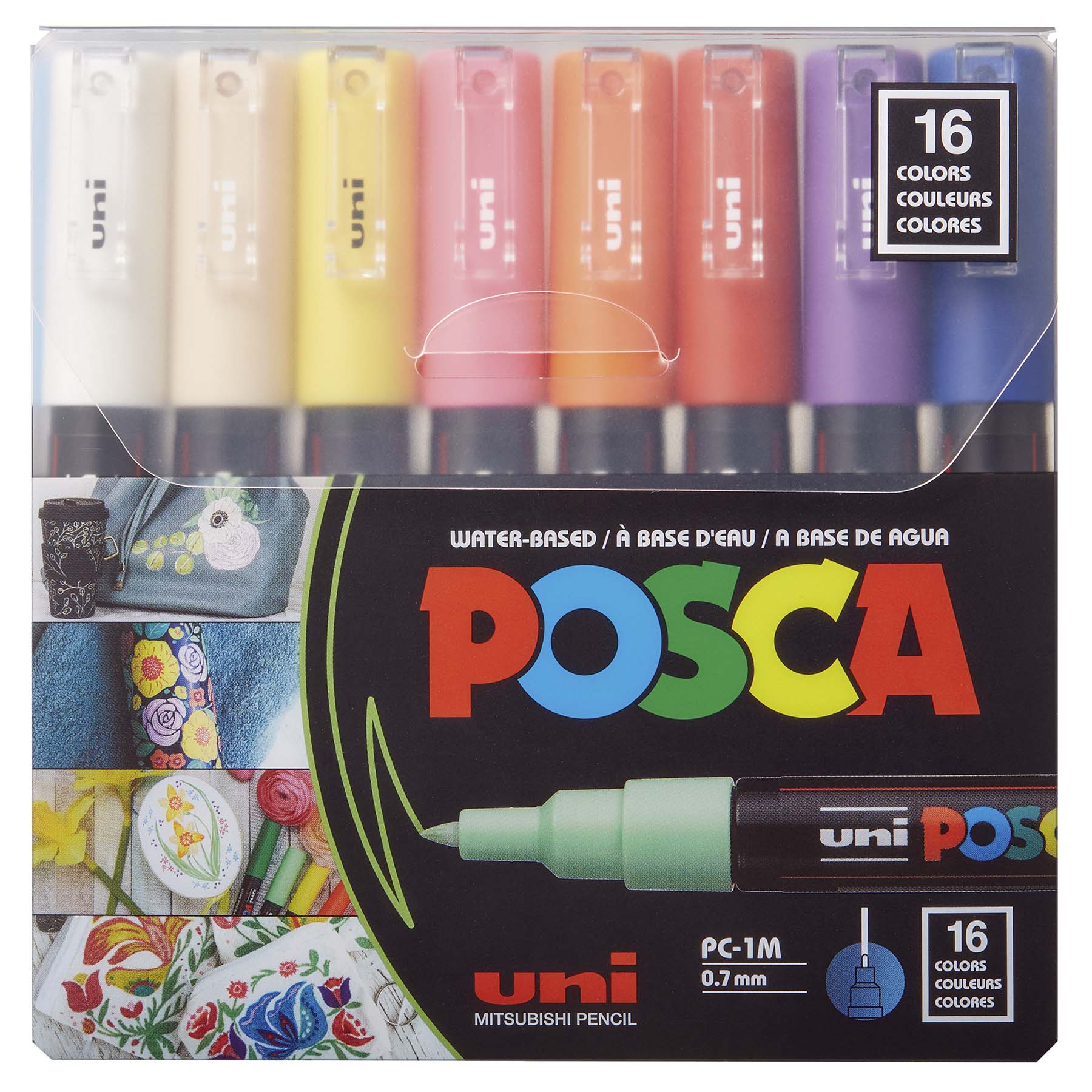 uni® POSCA PC-1M Water-Based Paint Markers, Extra Fine Tip (0.7mm), Assorted Colors, 16 Pack