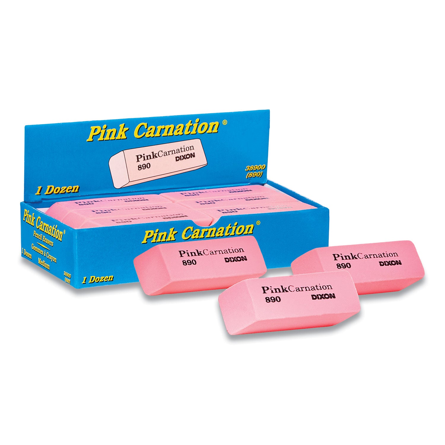 Pink Carnation Erasers, Medium, 2-5/16 x 13/16 x 7/17, Pack of 12