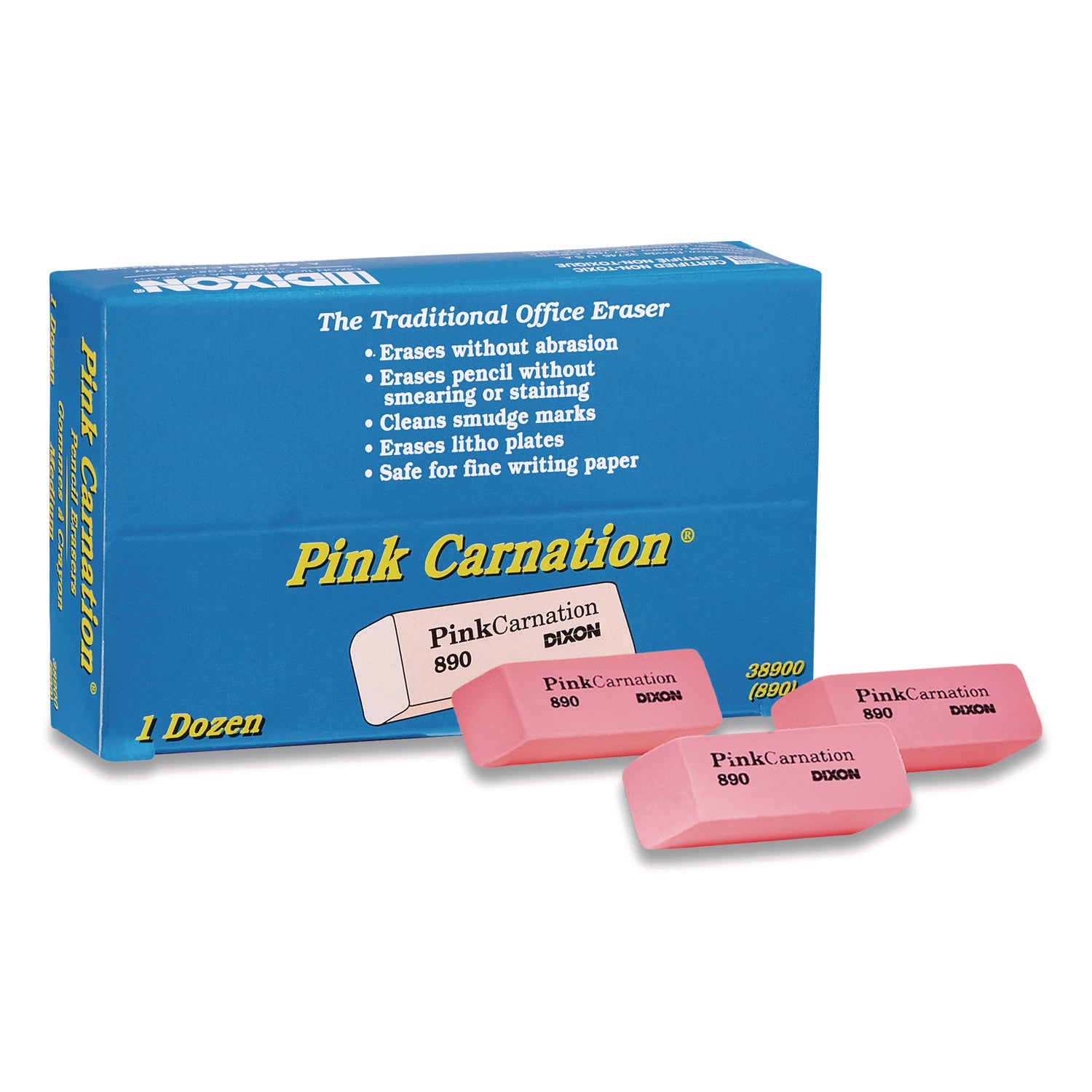 Pink Carnation Erasers, Medium, 2-5/16 x 13/16 x 7/17, Pack of 12