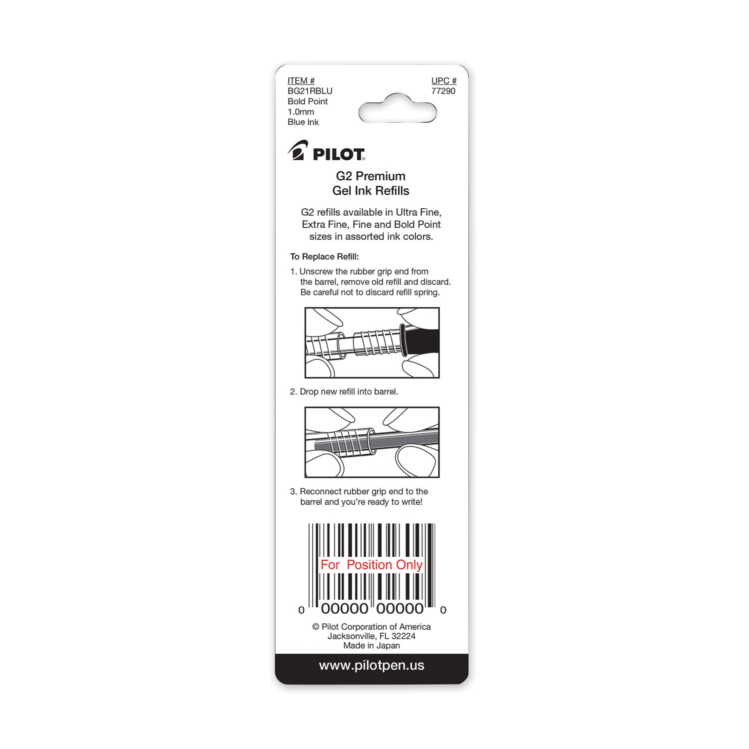 Refill For Pilot G2 Gel Ink Pens, Bold Conical Tip, Blue Ink, 2/pack