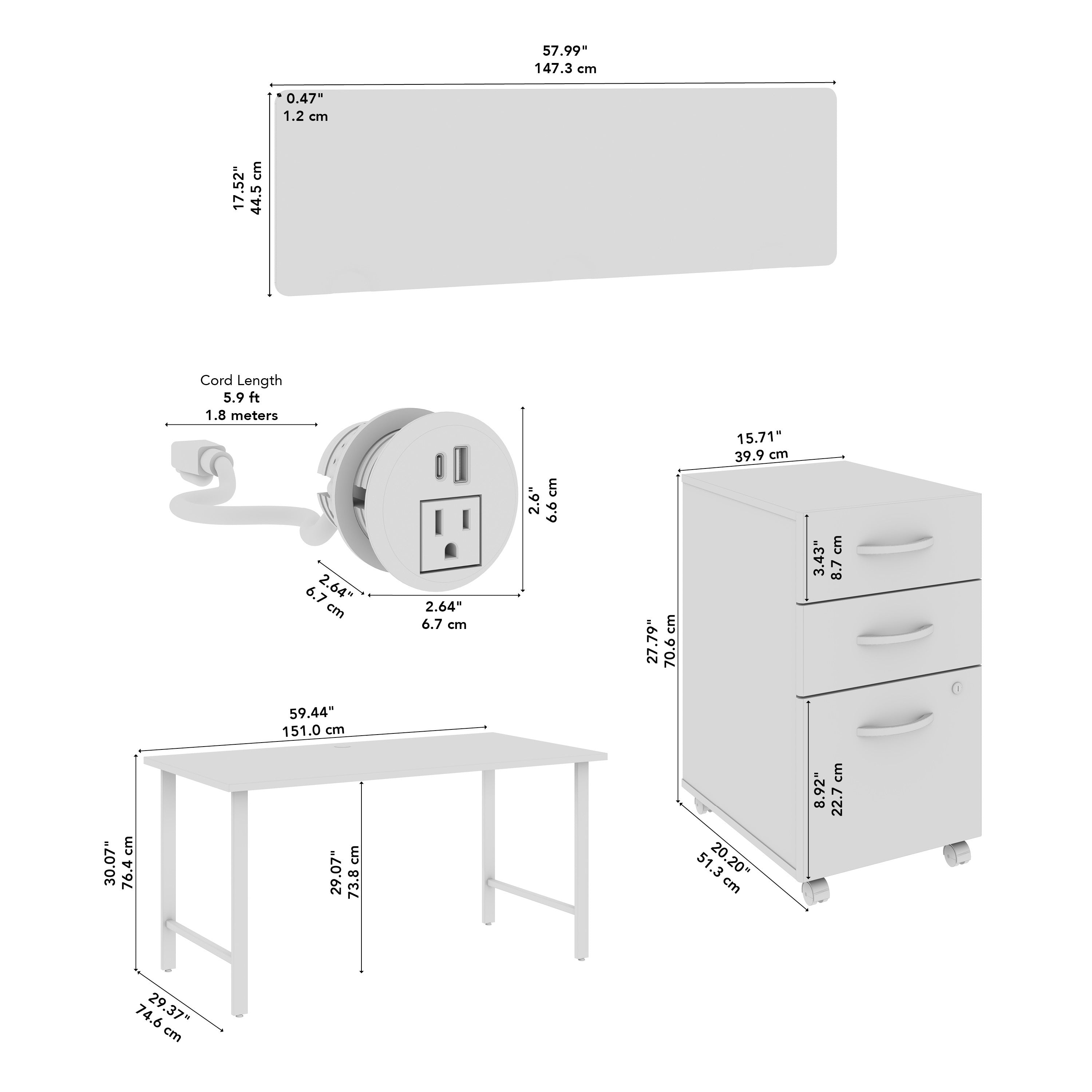 Bush Business Furniture Hustle 2 Person Computer Desk with Mobile File Cabinets, Power Grommets, and Privacy Screen in Natural Elm - 59.44" Width x 29.37" Depth x 30.07" Height