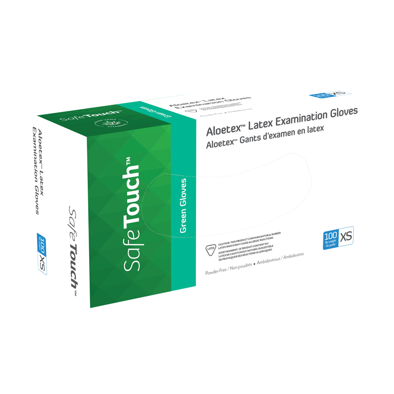 AloeTex Latex Gloves w/ Aloe, X-Small, Green, Powder-Free - 100 per box / 10 boxes per case