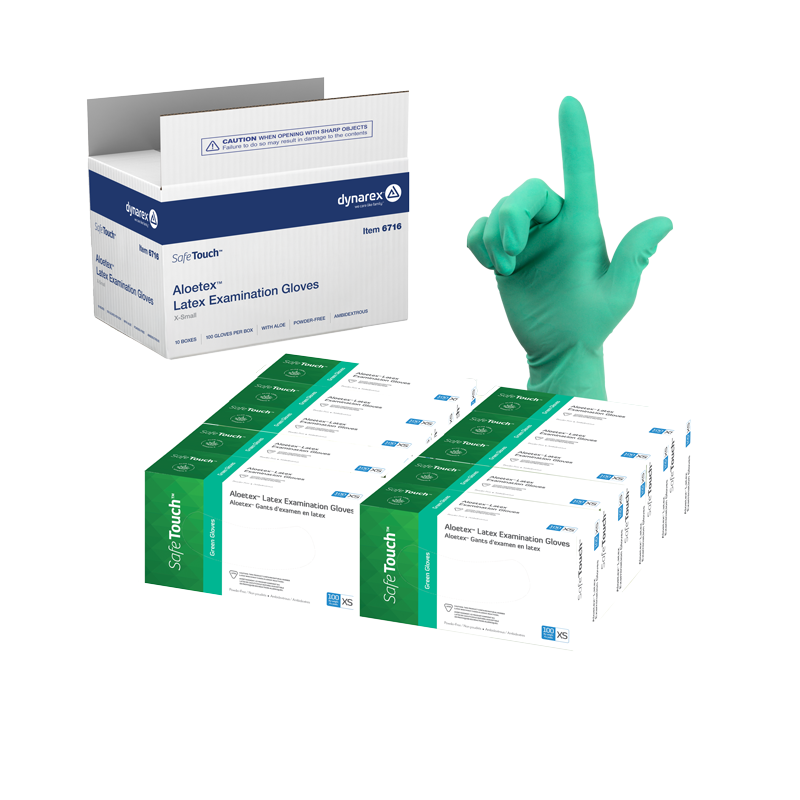AloeTex Latex Gloves w/ Aloe, X-Small, Green, Powder-Free - 100 per box / 10 boxes per case