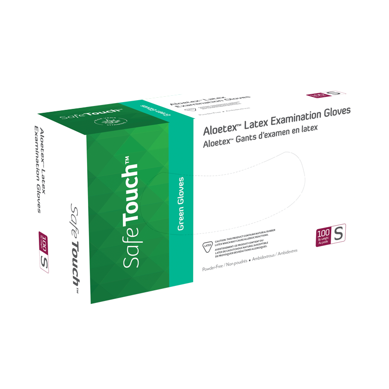 AloeTex Latex Gloves w/ Aloe, Small, Green, Powder-Free - 100 per box / 10 boxes per case
