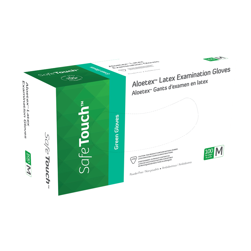 AloeTex Latex Gloves w/ Aloe, Medium, Green, Powder-Free - 100 per box / 10 boxes per case