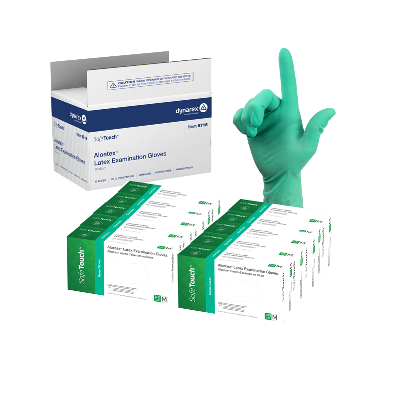 AloeTex Latex Gloves w/ Aloe, Medium, Green, Powder-Free - 100 per box / 10 boxes per case