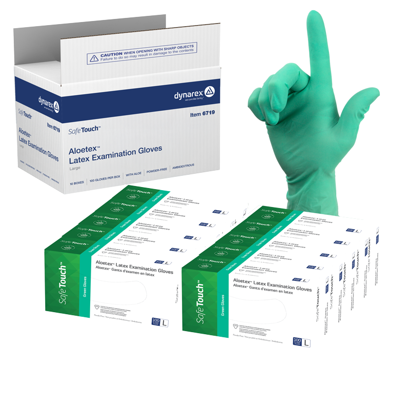 AloeTex Latex Gloves w/ Aloe, Large, Green, Powder-Free - 100 per box / 10 boxes per case