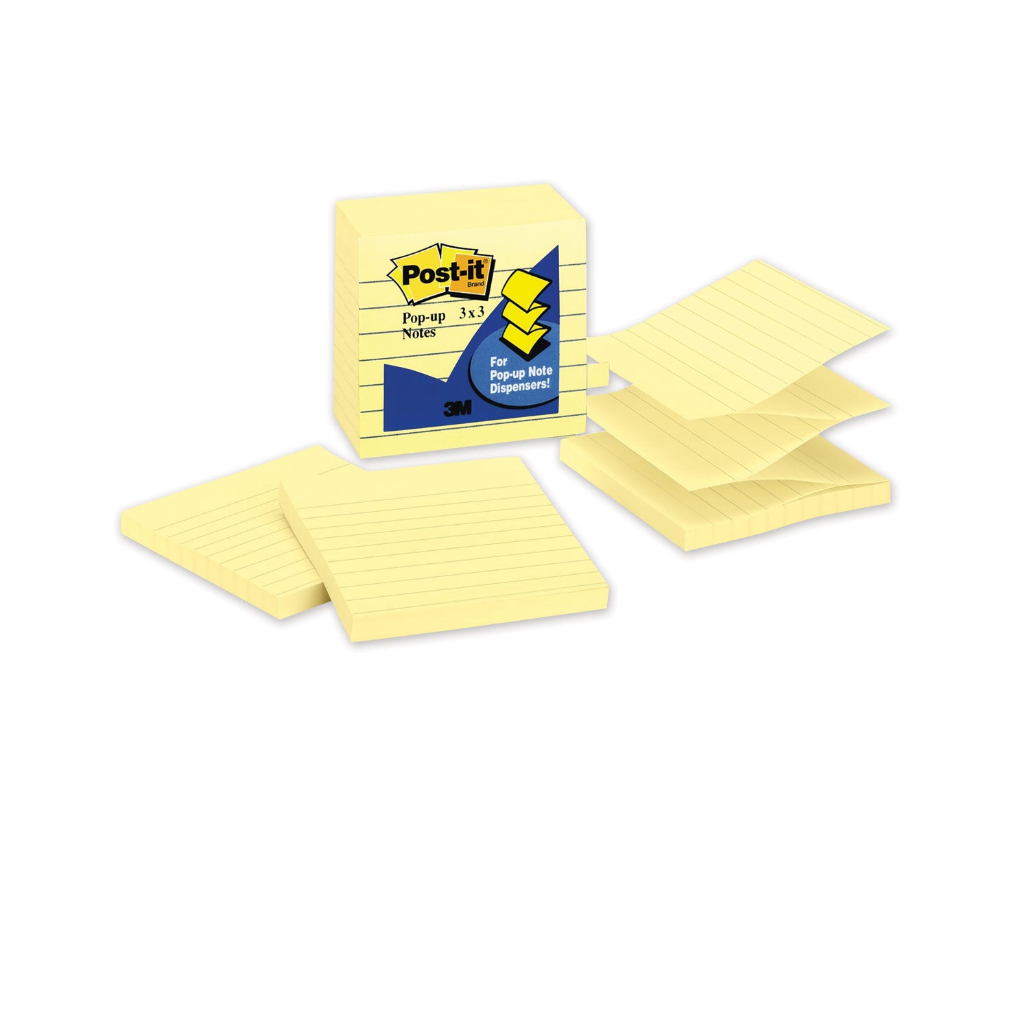 Post-it&reg; Dispenser Notes - 600 - 3" Flag/Note Width x 3" Flag/Note Length - Square - 100 Sheets per Pad - Ruled - Yellow - Paper - Pop-up, Fanfold, Refillable - 6 / Pack