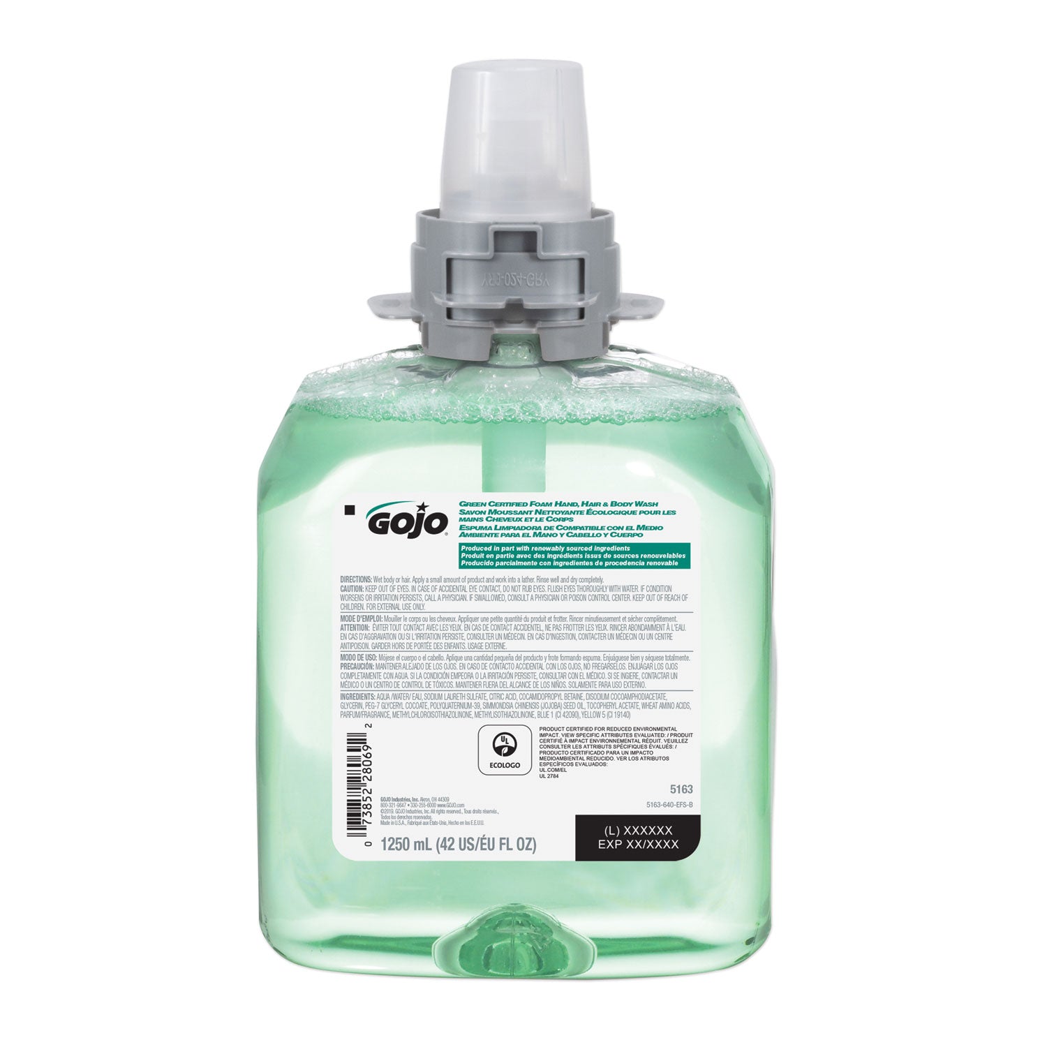Gojo&reg; FMX-12 Refill Green Certified Hair/Body Wash - Cucumber Melon Scent - 42.3 fl oz (1250 mL) - Kill Germs - Body, Hair - Green - Residue-free - 4 / Carton