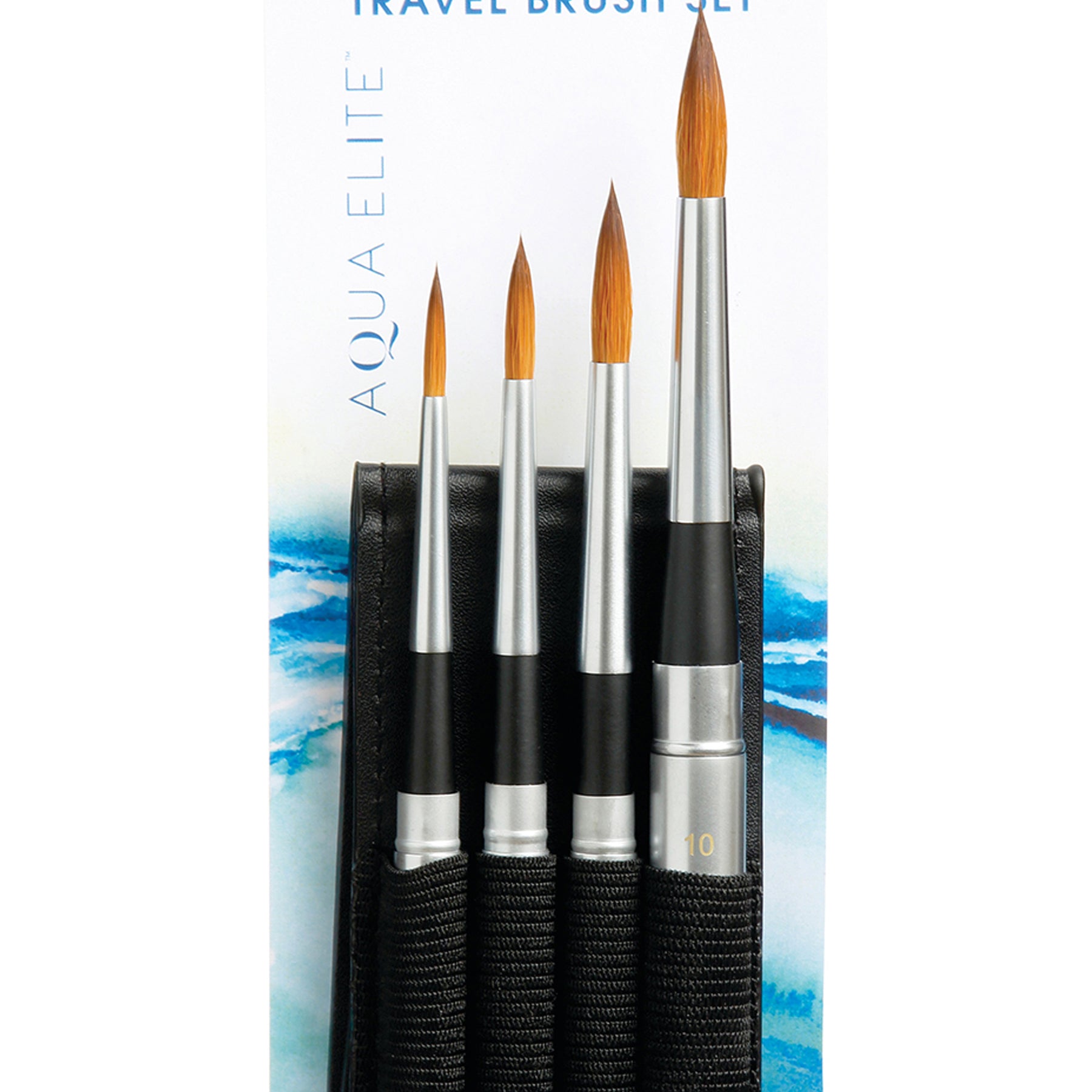 Aqua Elite Brush Travel Set, Synthetic Bristles, Short Handle Watercolor Paintbrush, Matte Black, 4 Pieces