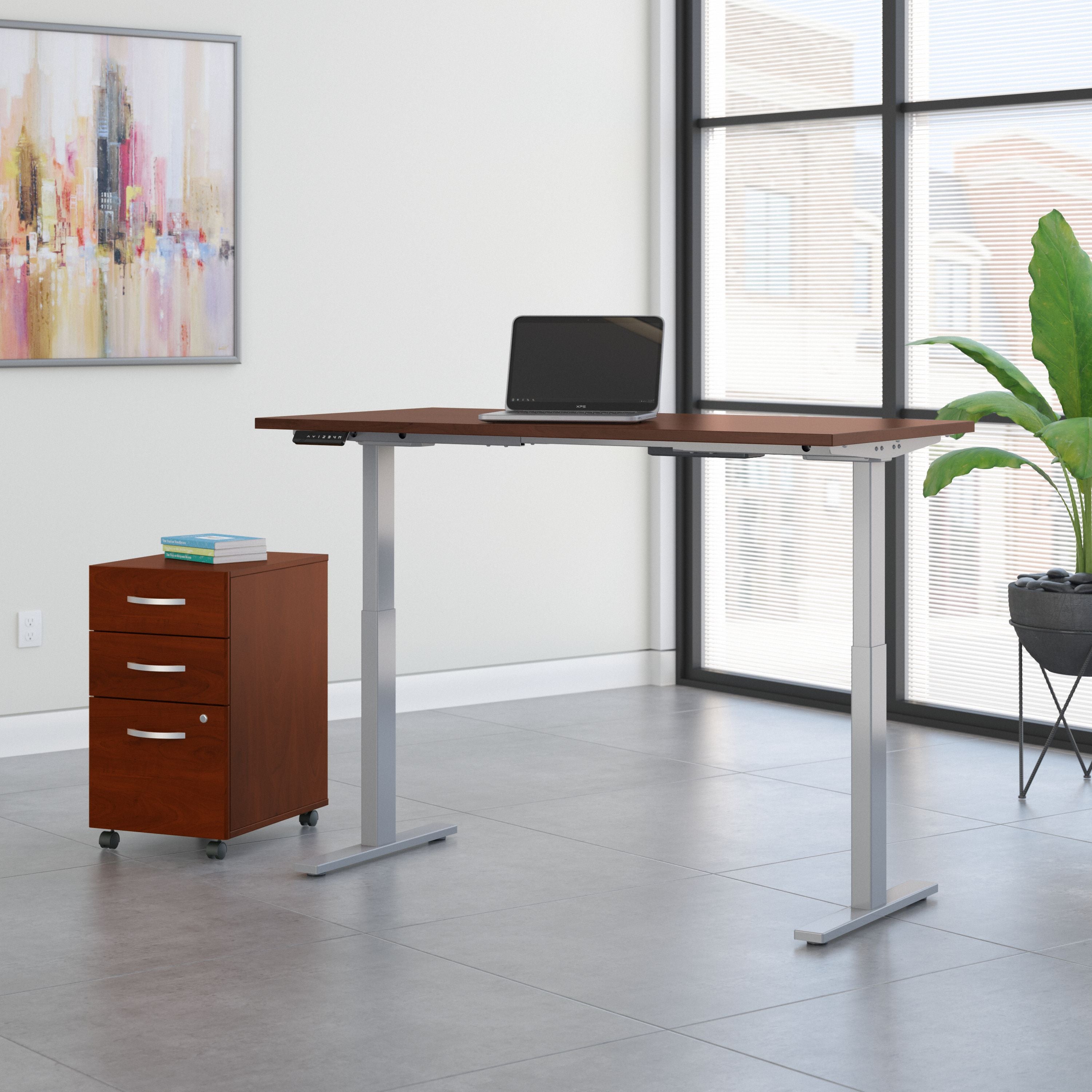 Move 60 Series by Bush Business Furniture 60W x 30D Height Adjustable Standing Desk with Storage in Hansen Cherry with Cool Gray Metallic Base - 59.45" Width x 29.37" Depth x 47.69" Height