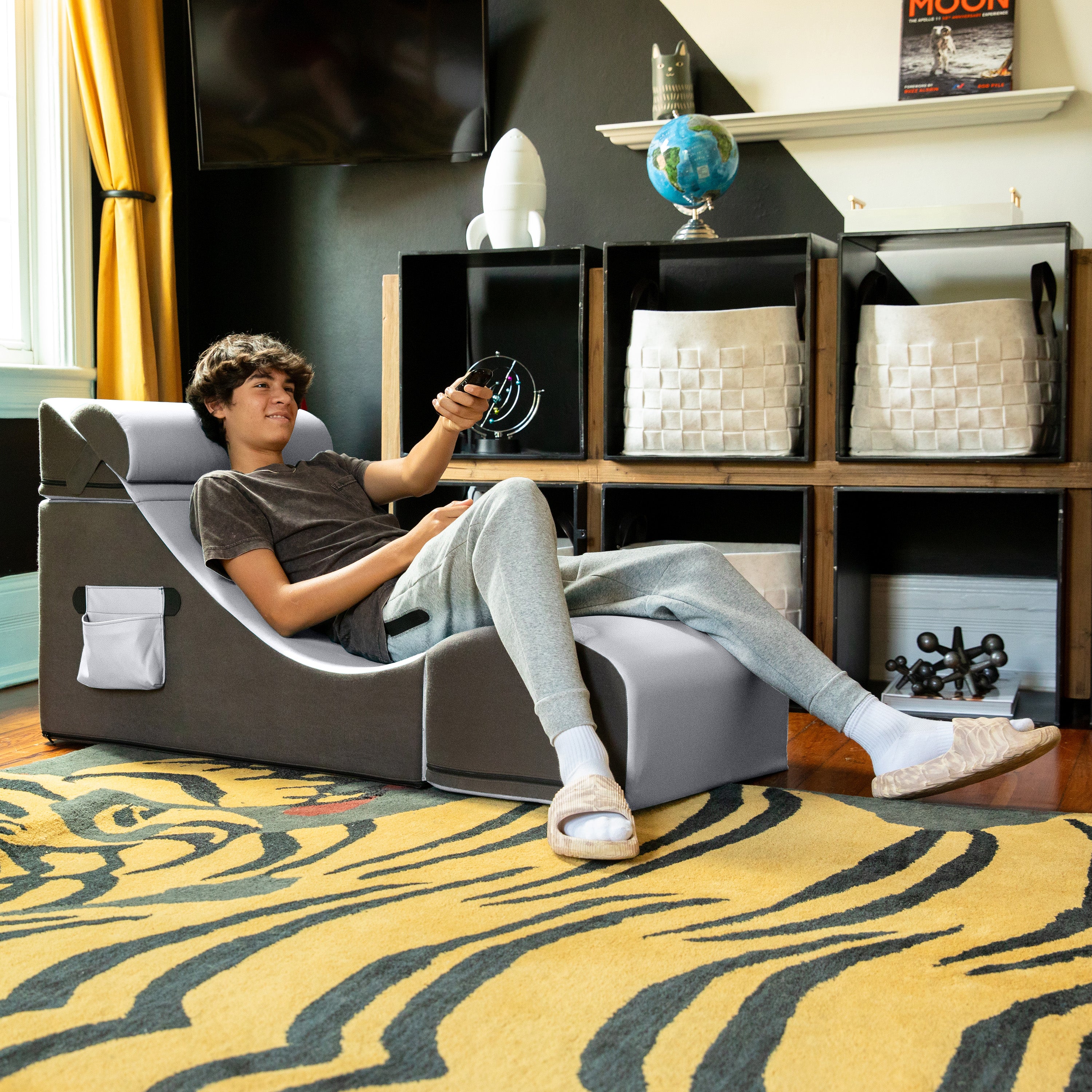Jaxx Flexx V-Tex Convertible 3 in 1 Gamer Chair, Table, & Ottoman w/ Adjustable Headrest & Pocket - Vinyl Submarine Grey