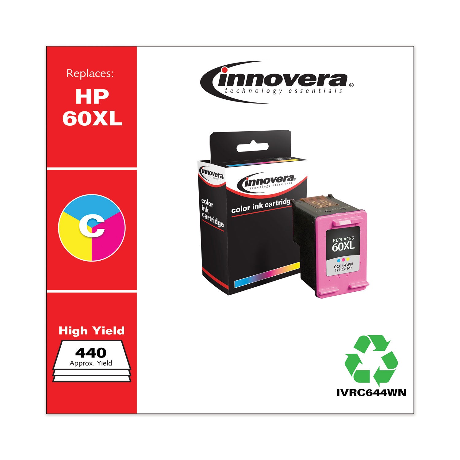 Remanufactured Tri-Color High-Yield Ink, Replacement for 60XL (CC644WN), 440 Page-Yield