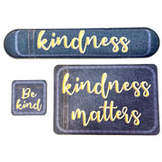 The Original Fun Mat® Computer Desk Mats, Set of 3, (1) Mouse Pad, (1) Keyboard Wrist Pad, (1) Coaster, Kindness Themed, Denim