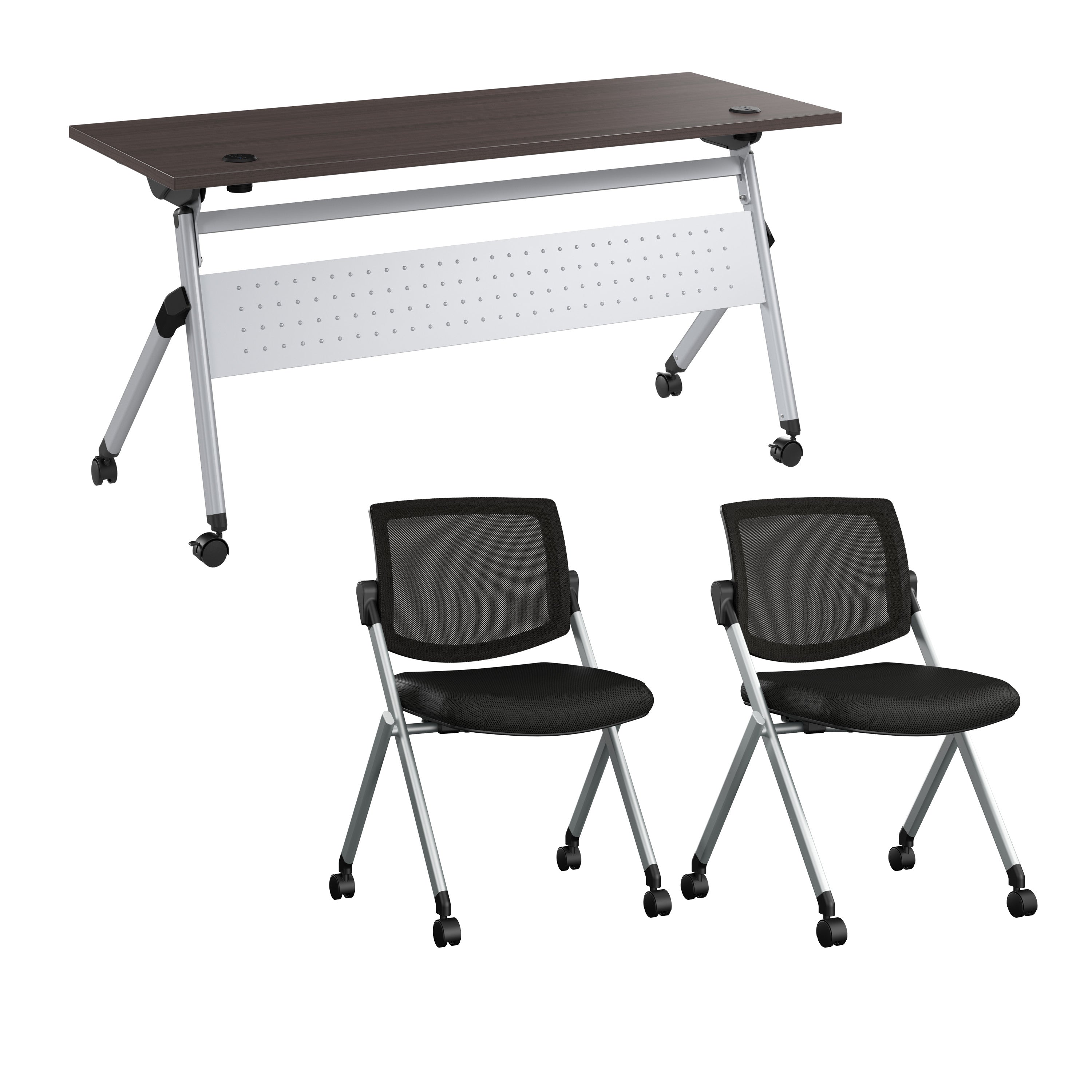 Bush Business Furniture Envision 60W Folding Training Table with Powered Grommets and 2 Chairs in Storm Gray - 59.45" Width x 23.54" Depth x 32.87" Height
