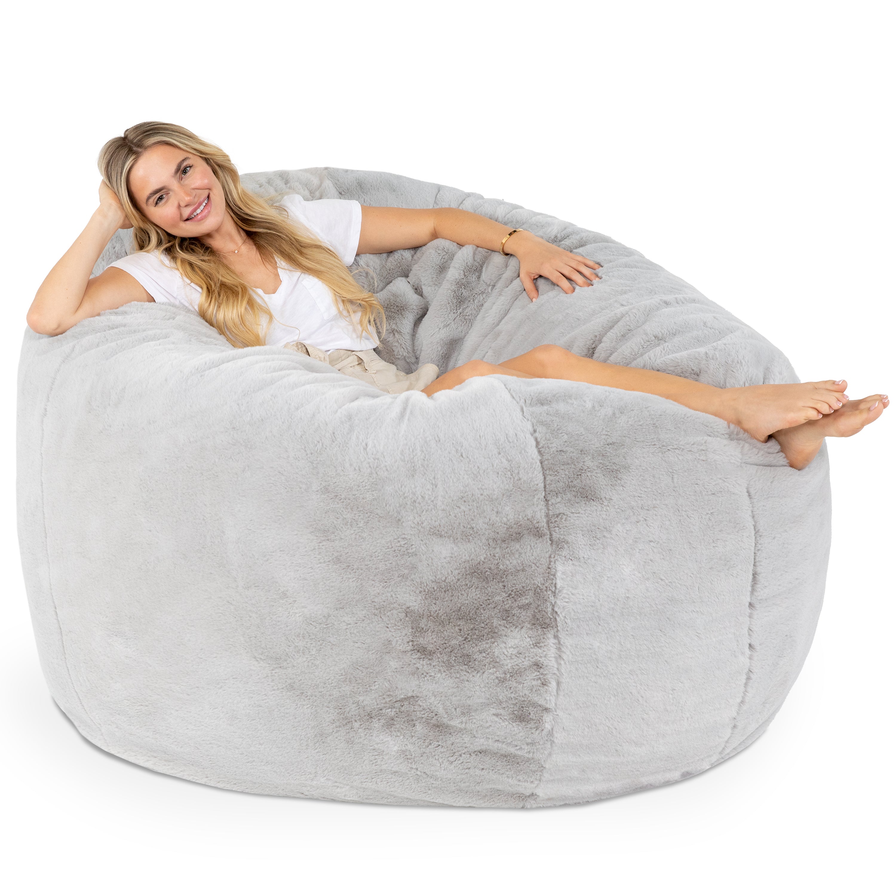 Jaxx 6 Foot Cocoon - 2-in-1 Convertible Bean Bag Bed & Large Bean Bag Chair for Adults - Premium Faux Fur, Silver Rabbit