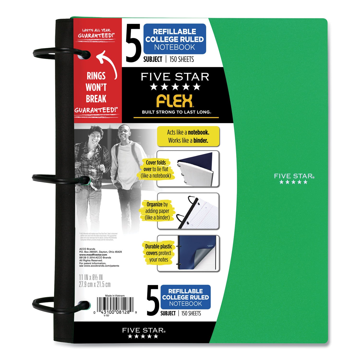 FLEX Notebook, 5-Subject, Medium/College Rule, Randomly Assorted Cover Color, (150) 11 x 8.5 Sheets