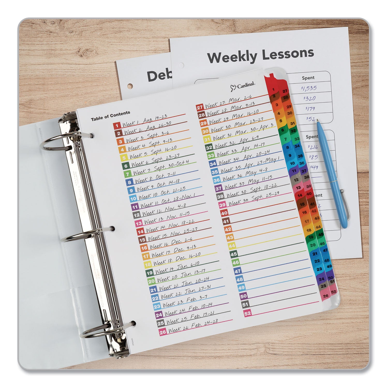 Cardinal OneStep Printable Dividers, 52 Print-on Tabs, 52 Tabs/Set, Letter Size, 8.5" x 11", 3-Hole Punched, Multicolor, Reinforced Edges and Tabs, 1 Pack