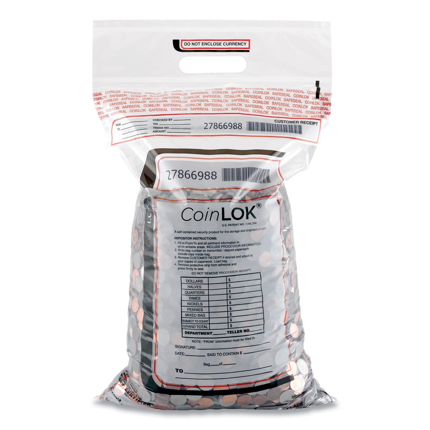 ControlTek CoinLOK Plastic Coin Bags, 50 lb Capacity, 12.5" x 25", Clear, Plastic/Poly, 50 Pack