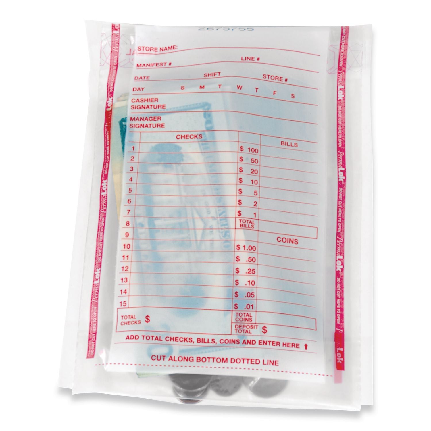 ControlTek PermaLOK Bundle Bags - 8.75" Length x 5.75" Width - Clear - Cash - 1000 / Carton