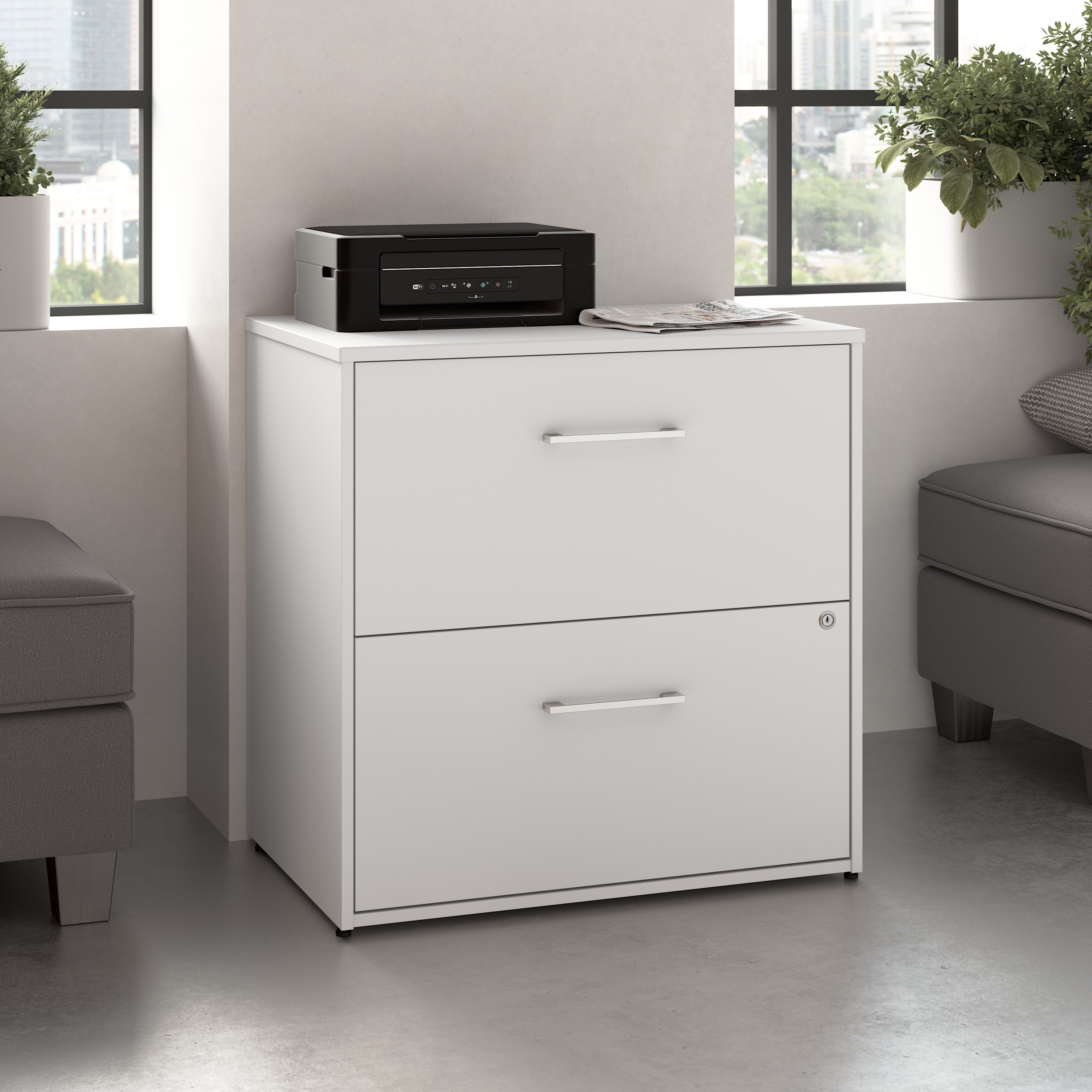 Bush Business Furniture Hustle 2 Drawer Lateral File Cabinet with Lock in White - Assembled - 29.65" Width x 19.61" Depth x 30" Height