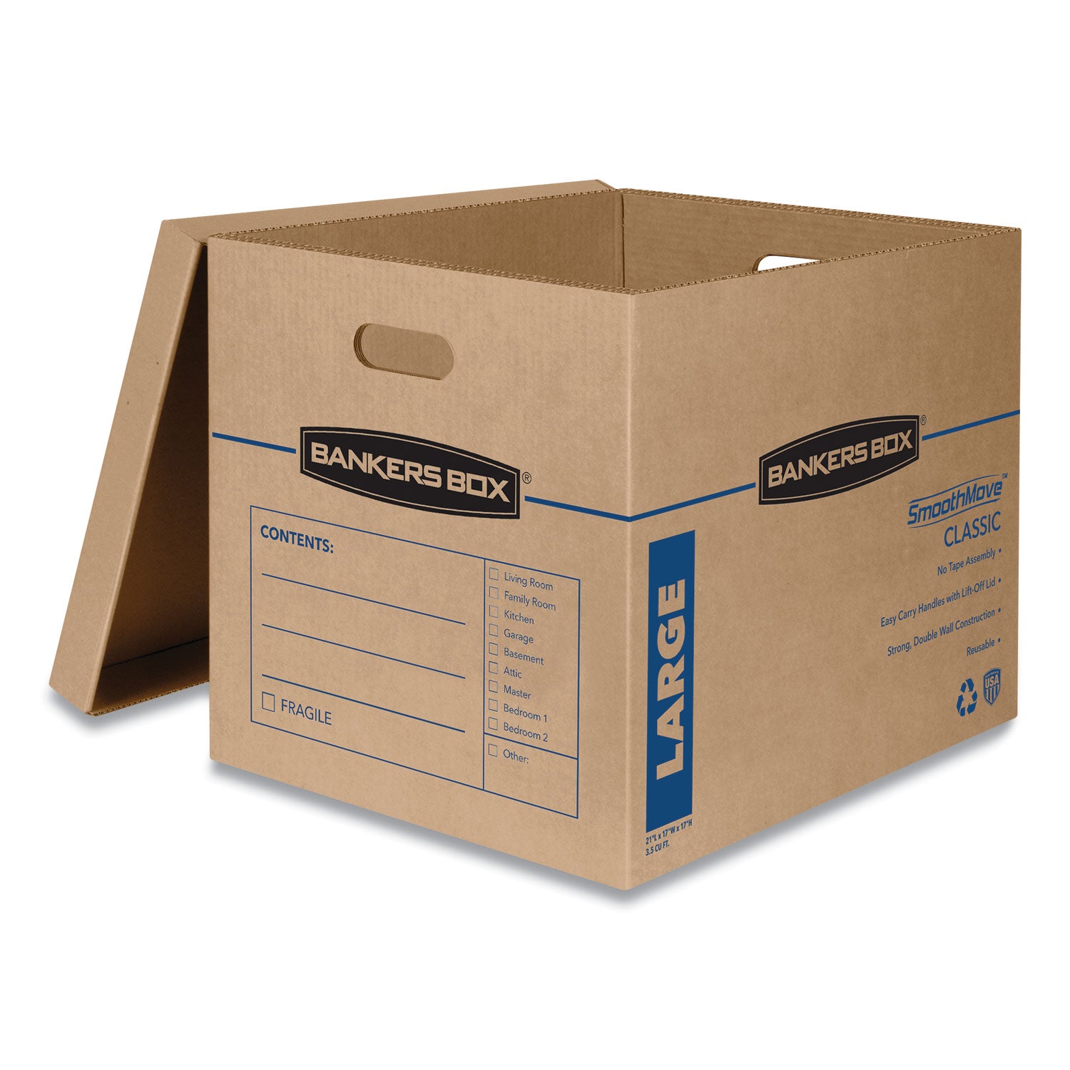 Bankers Box SmoothMove Moving Boxes - Internal Dimensions: 17" Width x 21" Depth x 17" Height - External Dimensions: 17.6" Width x 22.3" Depth x 17.4" Height - Lift-off Closure - Corrugated Paper - Kraft - Recycled - 5 / Carton