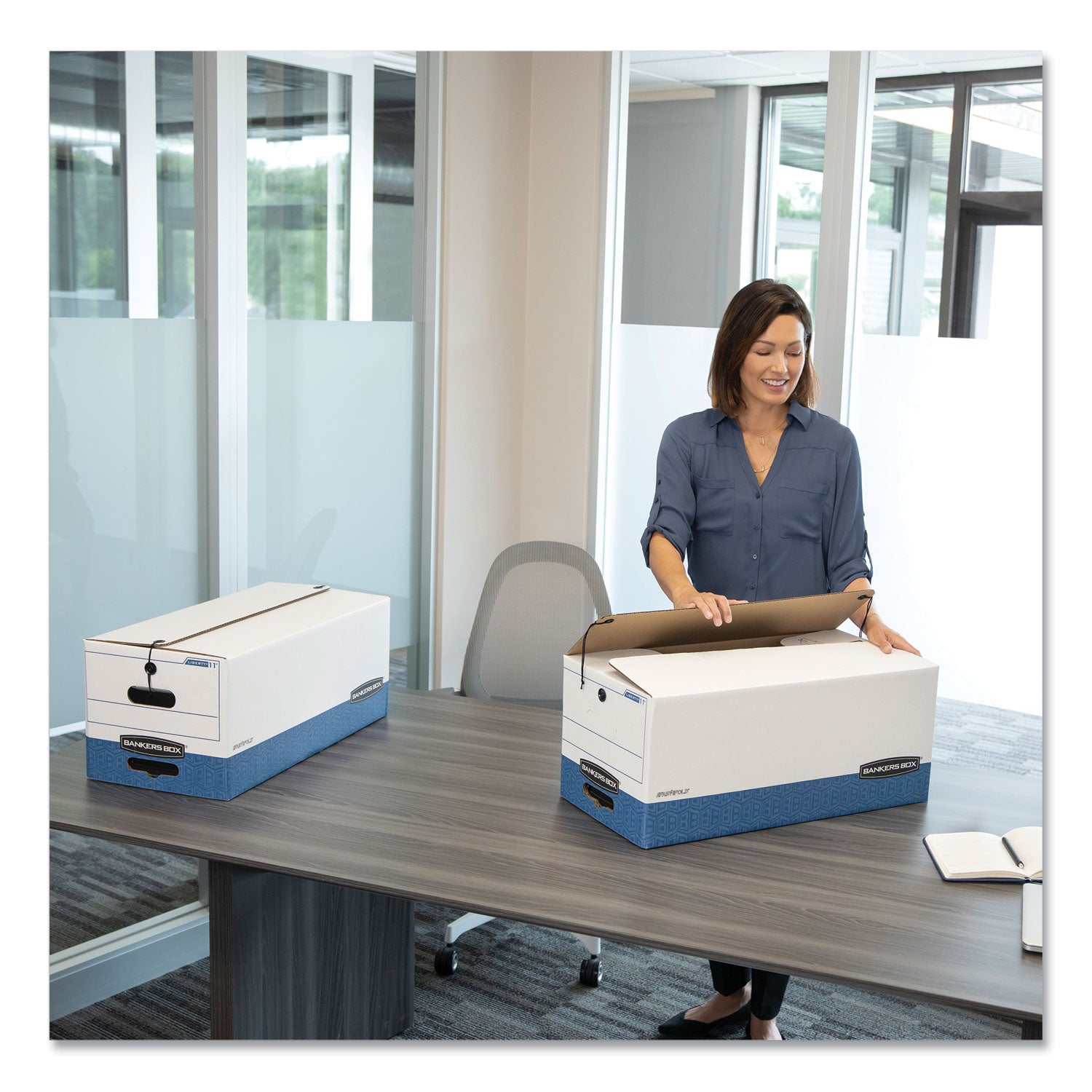 Bankers Box STOR/FILE File Storage Box, Letter Size, String/Button Tie Closure, Medium Duty, Stackable, White/Blue, 12" x 24" x 10", Recycled, 4 Boxes per Carton