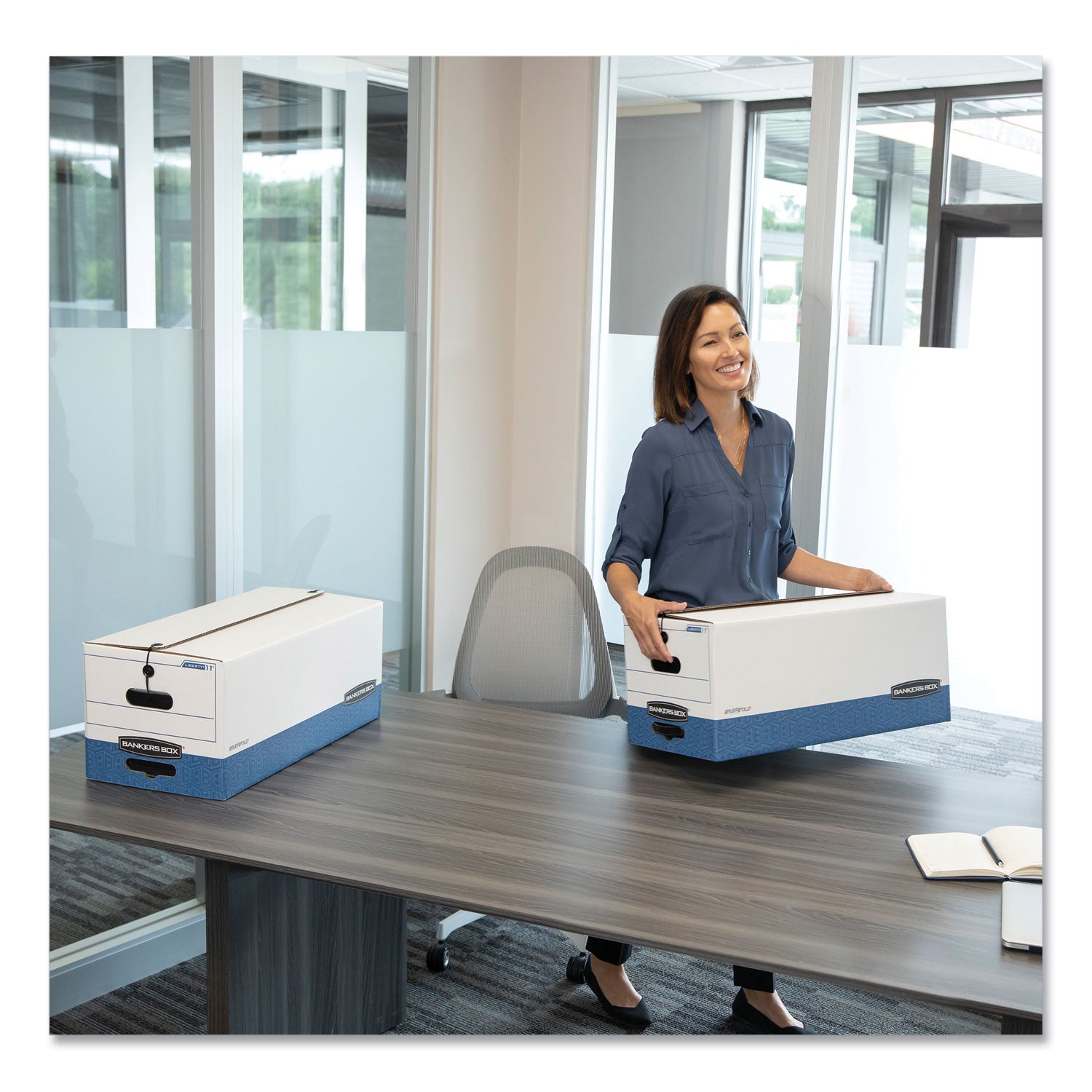 Bankers Box STOR/FILE File Storage Box, Letter Size, String/Button Closure, Medium Duty, Stackable, Plastic, White/Blue, Recycled, 20 Boxes per Carton