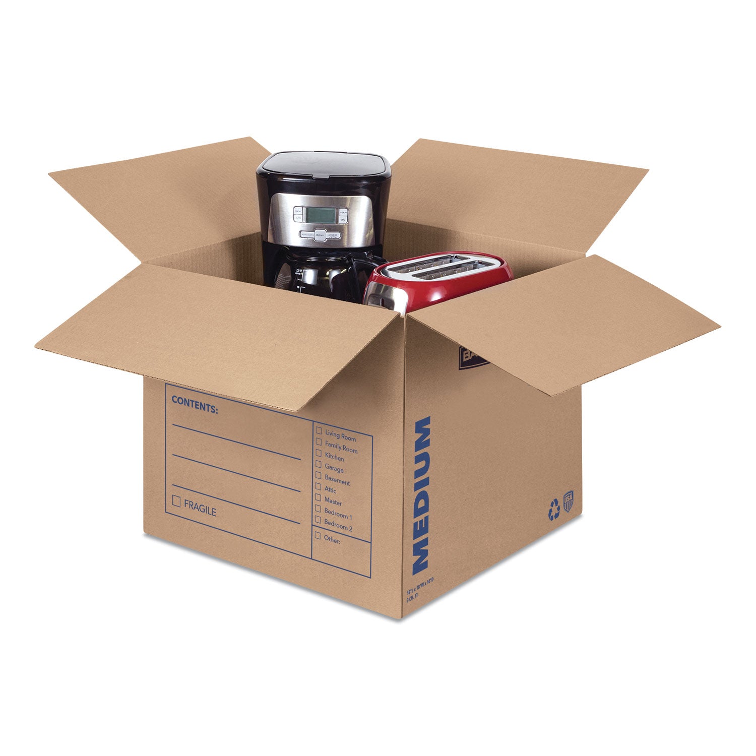 Internal Dimensions: 18" Width x 18" Depth x 16" Height - External Dimensions: 18.3" Width x 18.3" Depth x 16.4" Height - Medium Duty - Corrugated - Kraft, Black - Recycled - 1 Carton