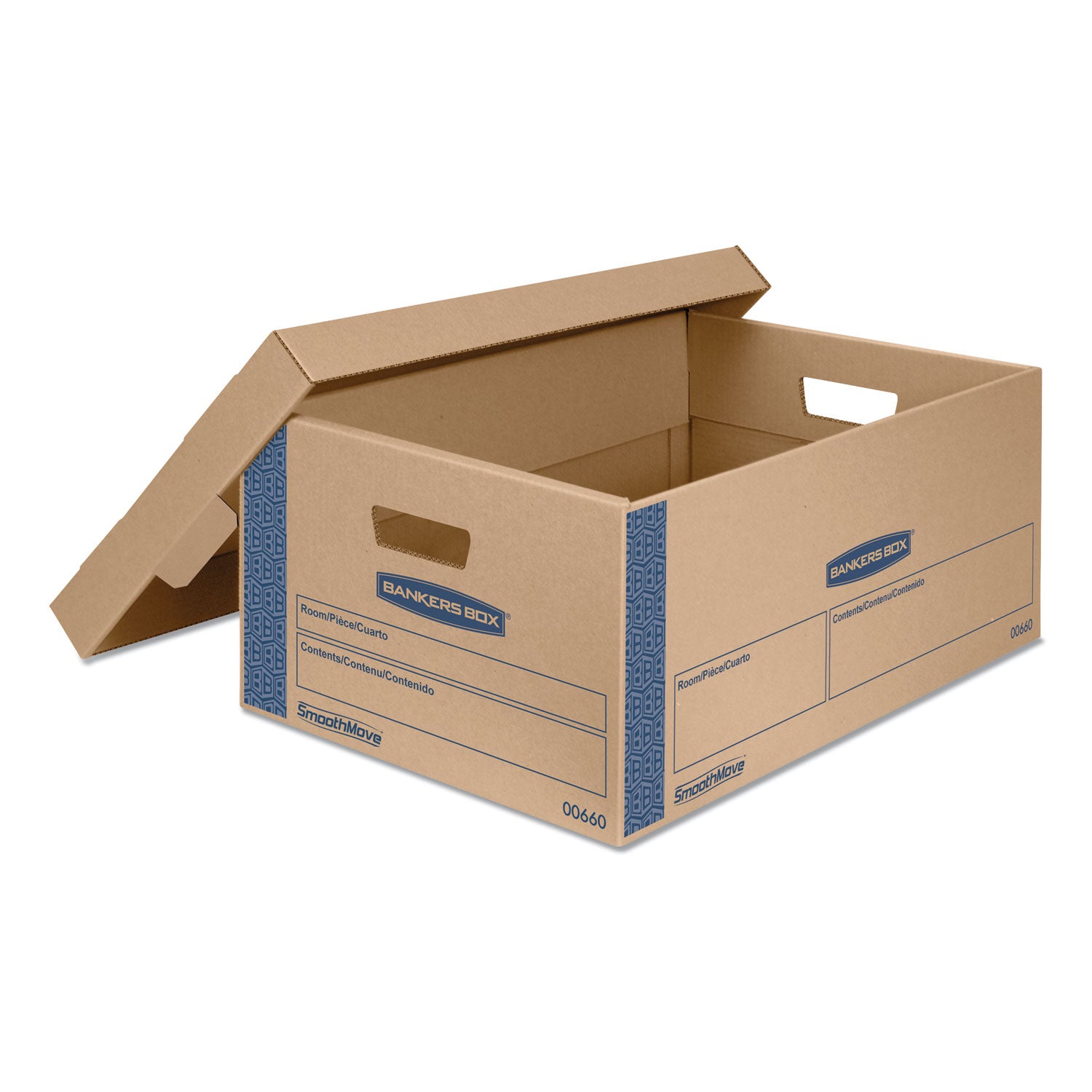 Bankers Box SmoothMove Moving Boxes, Legal Size, Double Wall, Lid Lock, Kraft/Blue, 8/Carton
