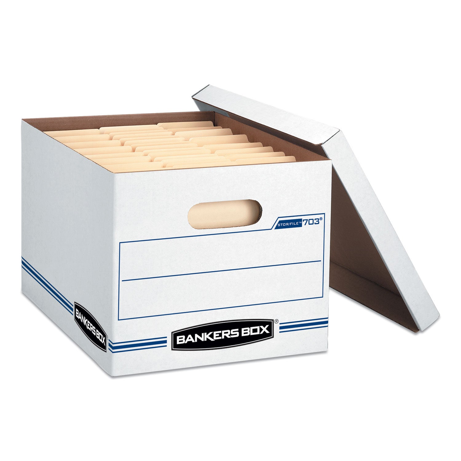 Bankers Box STOR/FILE Storage Box, Lift-off Lid, Light Duty, Stackable, Letter/Legal Size, White/Blue, Recycled, 12/Carton