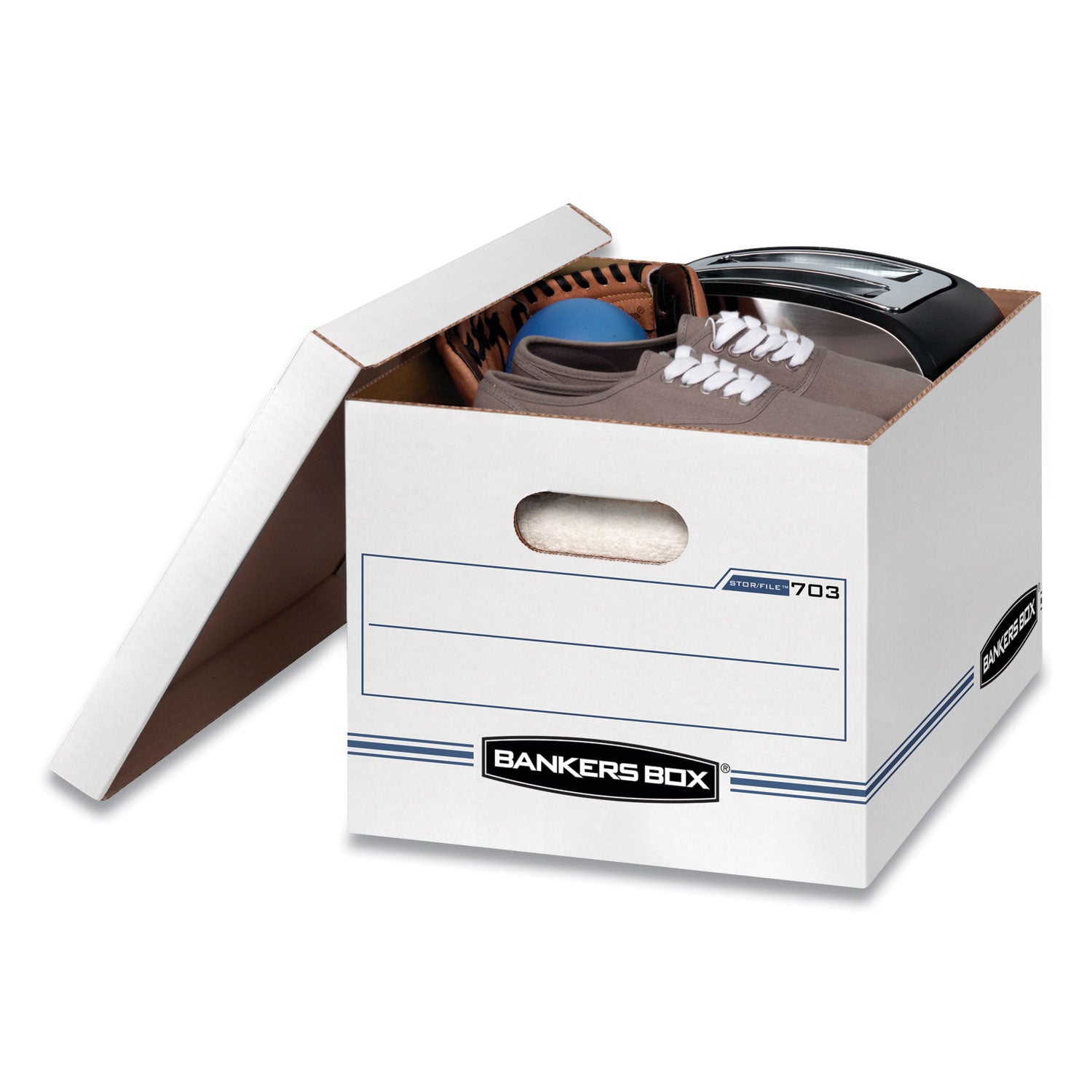 Bankers Box STOR/FILE Storage Box, Lift-off Lid, Light Duty, Stackable, Letter/Legal Size, White/Blue, Recycled, 12/Carton
