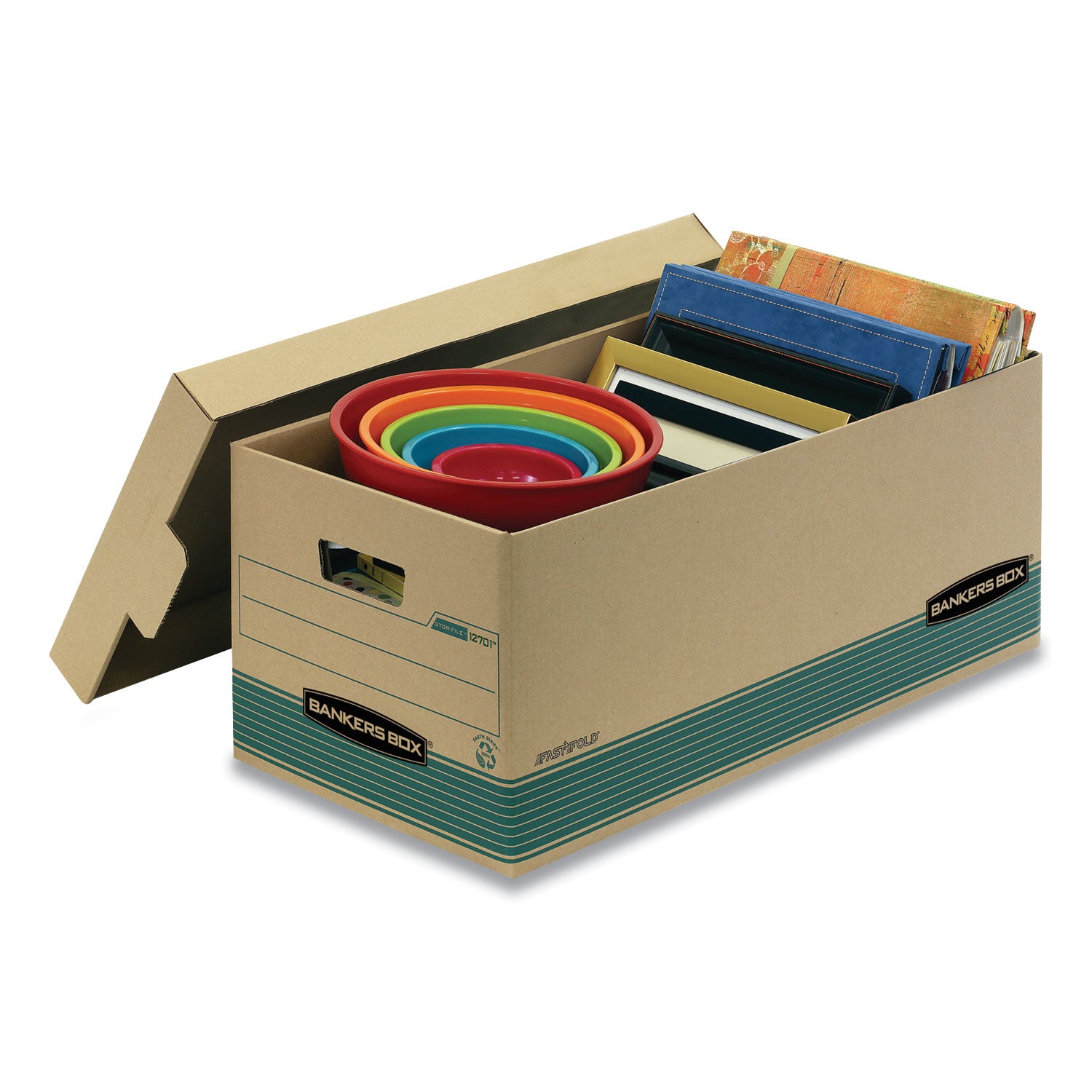 Bankers Box STOR/FILE Recycled File Storage Box, Letter Size, Lift-off Lid, Medium Duty, Stackable, Kraft/Green, 12 Boxes per Carton