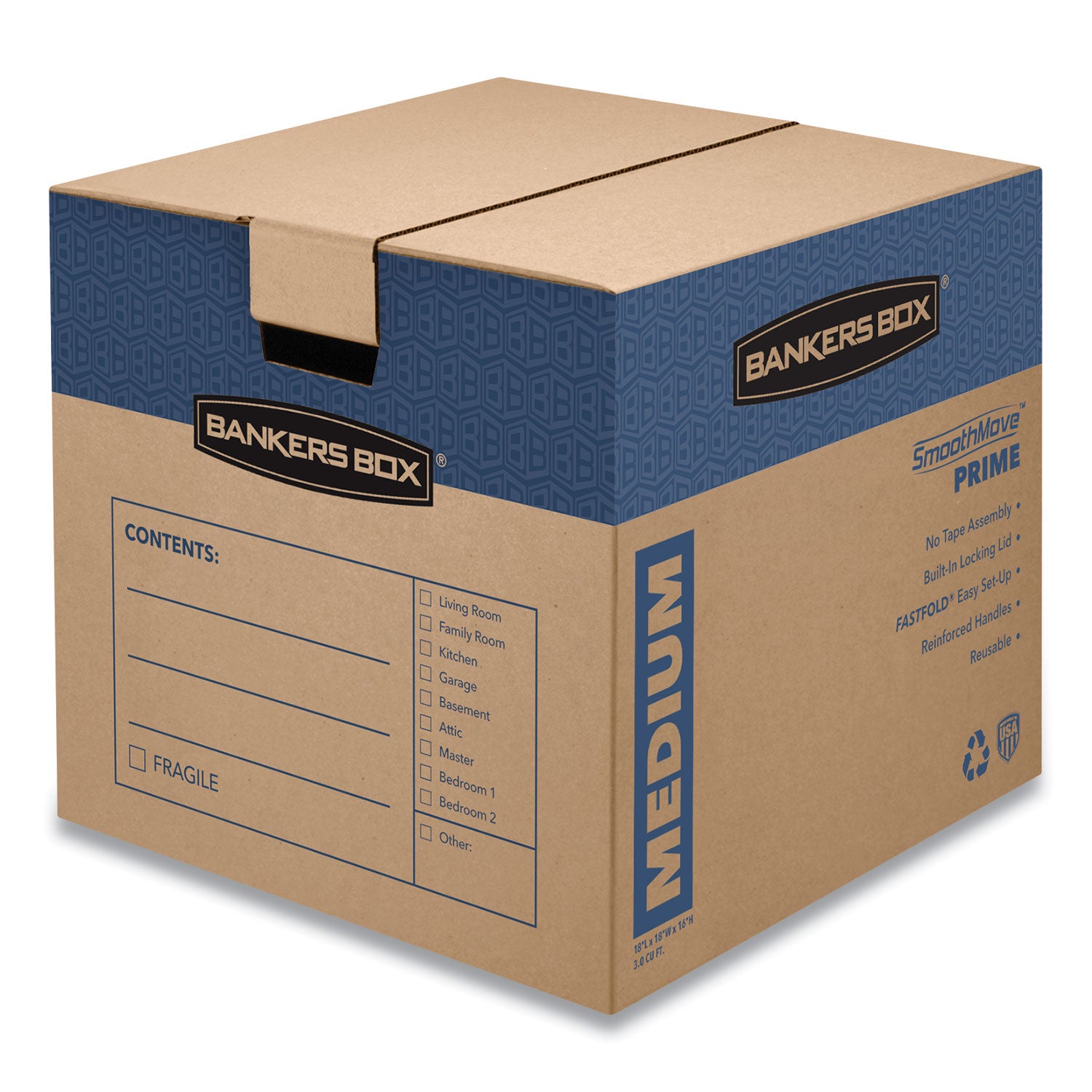 Bankers Box SmoothMove Prime Moving Boxes - Internal Dimensions: 18" Width x 18" Depth x 16" Height - External Dimensions: 18.1" Width x 18.8" Depth x 16.6" Height - Lid Lock Closure - Medium Duty - Cardboard - Kraft - Recycled - 8 / Carton