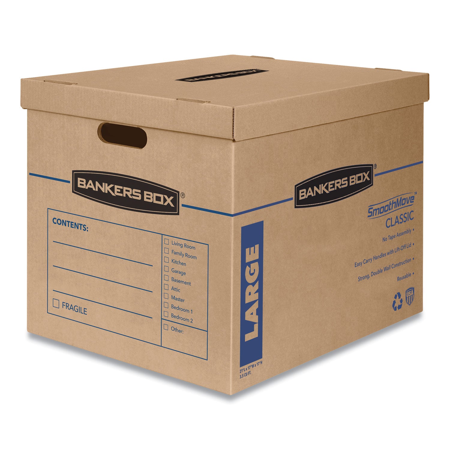 Bankers Box SmoothMove Moving Boxes - Internal Dimensions: 17" Width x 21" Depth x 17" Height - External Dimensions: 17.6" Width x 22.3" Depth x 17.4" Height - Lift-off Closure - Corrugated Paper - Kraft - Recycled - 5 / Carton
