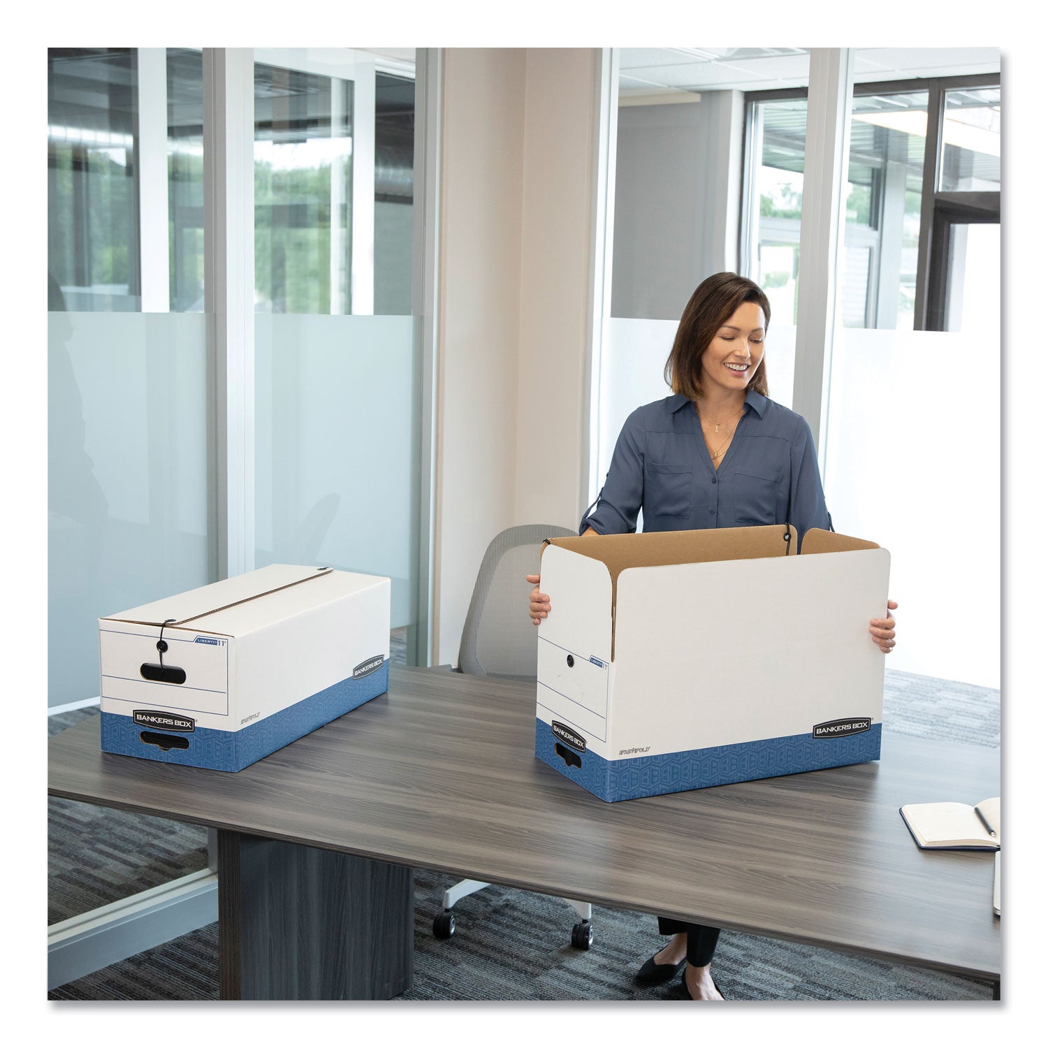 Bankers Box STOR/FILE File Storage Box, Letter Size, String/Button Tie Closure, Medium Duty, Stackable, White/Blue, 12" x 24" x 10", Recycled, 4 Boxes per Carton