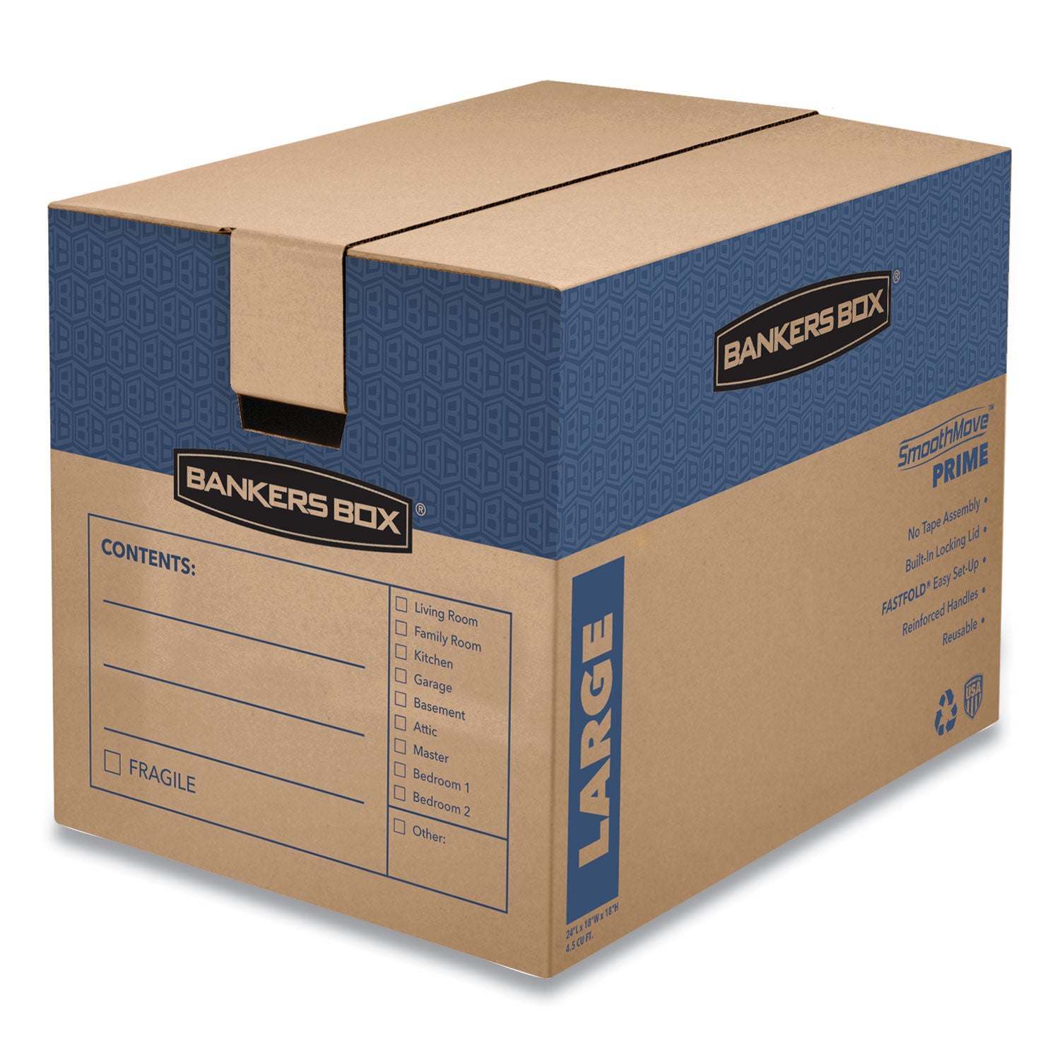 Bankers Box SmoothMove Prime Moving Boxes - Internal Dimensions: 18" Width x 24" Depth x 18" Height - External Dimensions: 18.3" Width x 25" Depth x 19" Height - Locking Tab, Lid Lock Closure - Cardboard - Kraft - Recycled - 6 / Carton