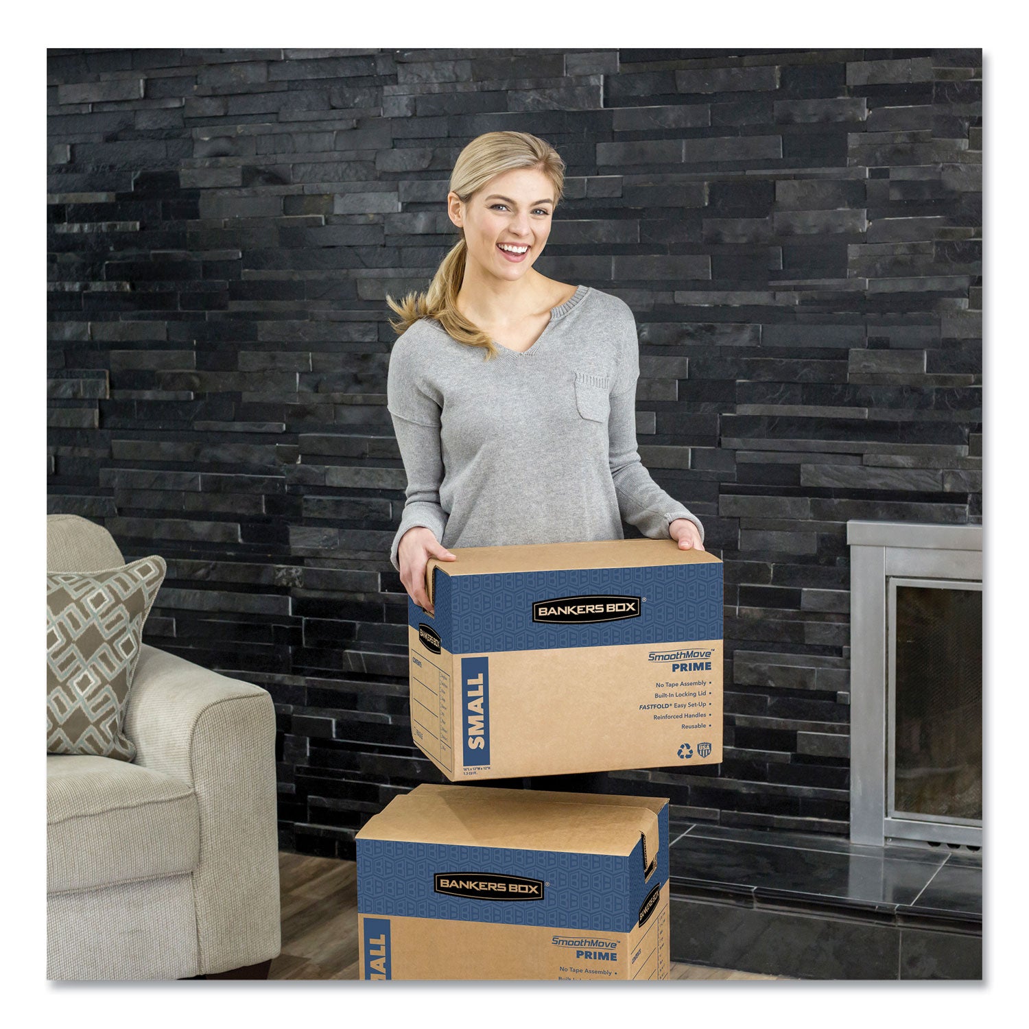 Bankers Box SmoothMove Prime Moving Boxes, Heavy Duty, Lid Lock Closure, Kraft, 12" x 16" x 12" (Internal), 10/Carton