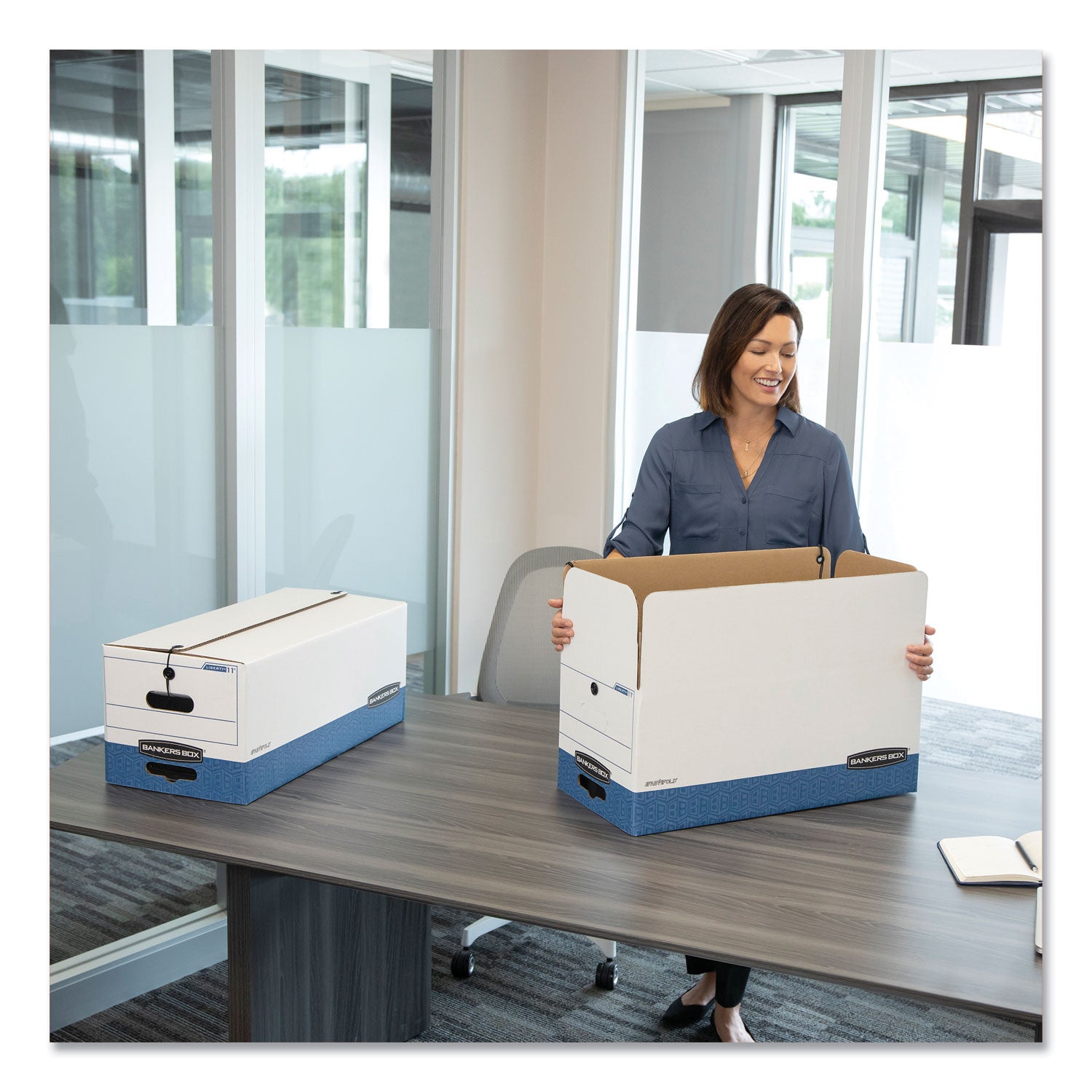 Bankers Box Liberty File Storage Boxes, Legal Size, Heavy Duty, String/Button Tie Closure, Stackable, Reinforced Handles, White/Blue, Fiberboard/Plastic, 12 Boxes per Carton