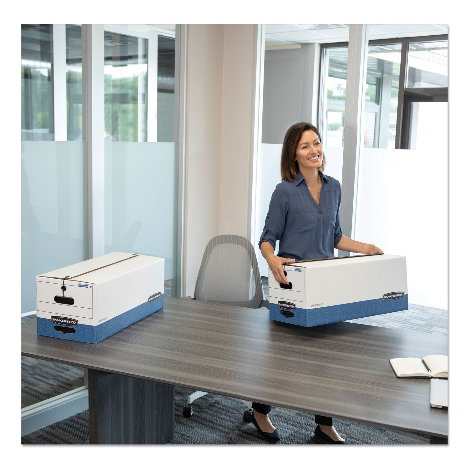 Bankers Box STOR/FILE File Storage Box, Letter Size, String/Button Tie Closure, Medium Duty, Stackable, White/Blue, 12" x 24" x 10", Recycled, 4 Boxes per Carton